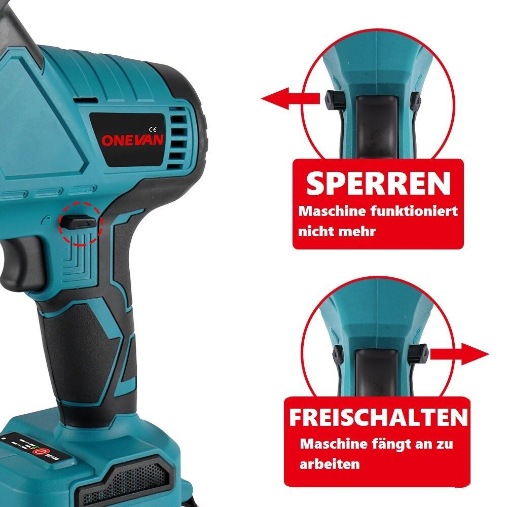 Nahaufnahme einer Kettensäge mit Verriegelungs- und Entriegelungsschalter, der den Aktivierungsmechanismus zeigt.