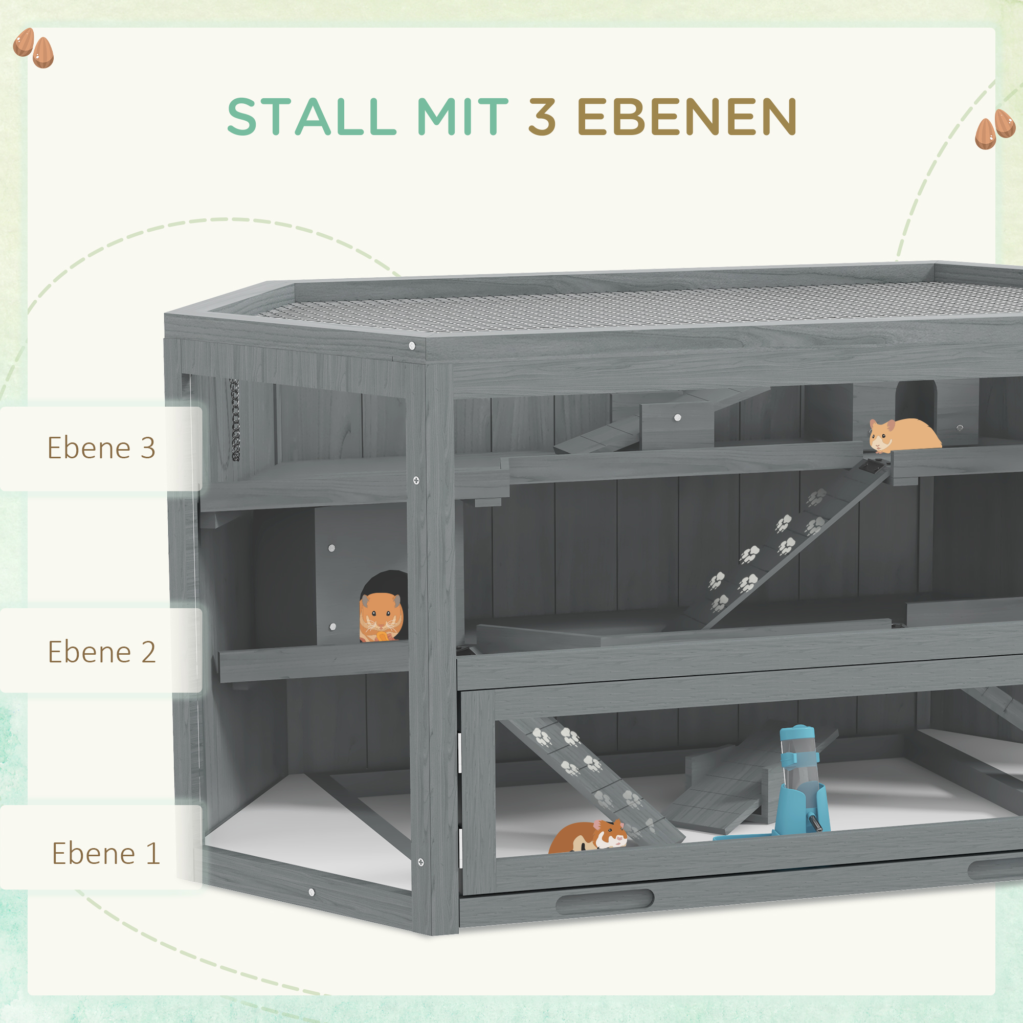 Hamsterkäfig mit 3 Ebenen, mit Hamstern und Rampen.