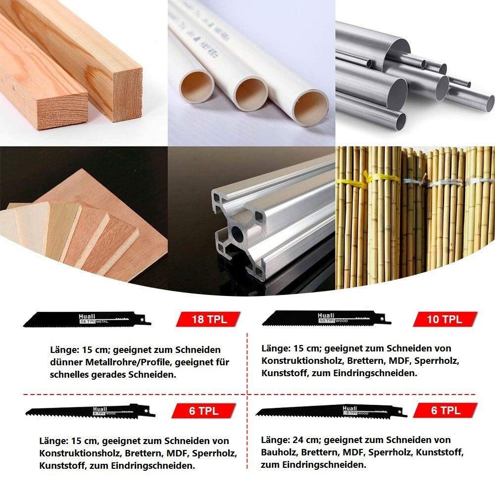 Eine Sammlung von Holz, PVC-Rohren, Metallrohren, Sperrholz, Metallprofilen und Bambusstäben.