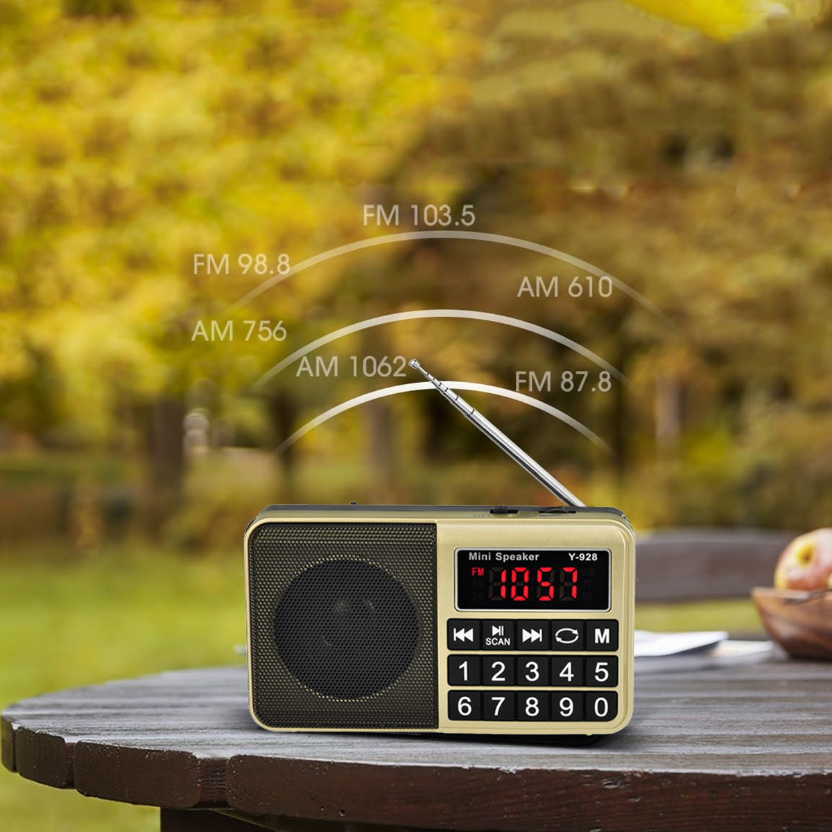 Ein kleines Radio auf einem Holztisch vor Herbsthintergrund. Radio zeigt Frequenz. Eine Obstschale daneben.