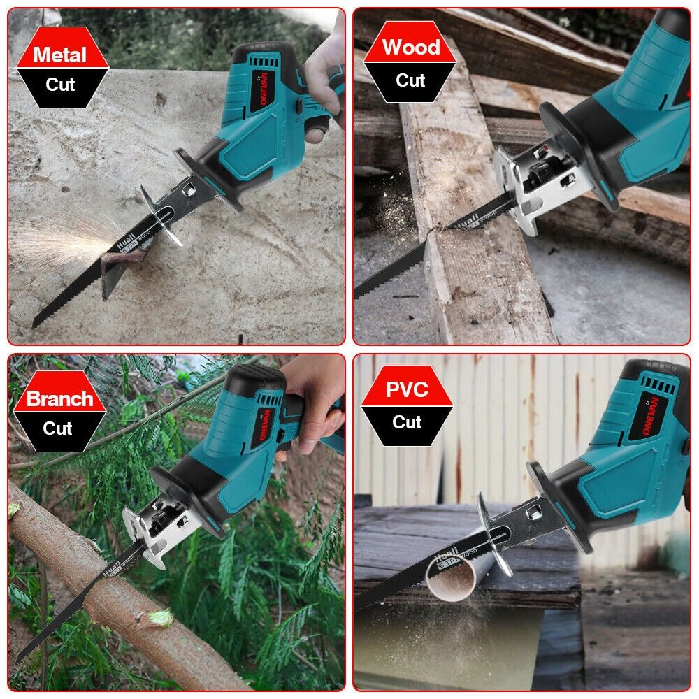 Vier Bilder, die eine Säge beim Schneiden von Metall, Holz, Ästen und PVC-Rohren zeigen, mit Beschriftungen.