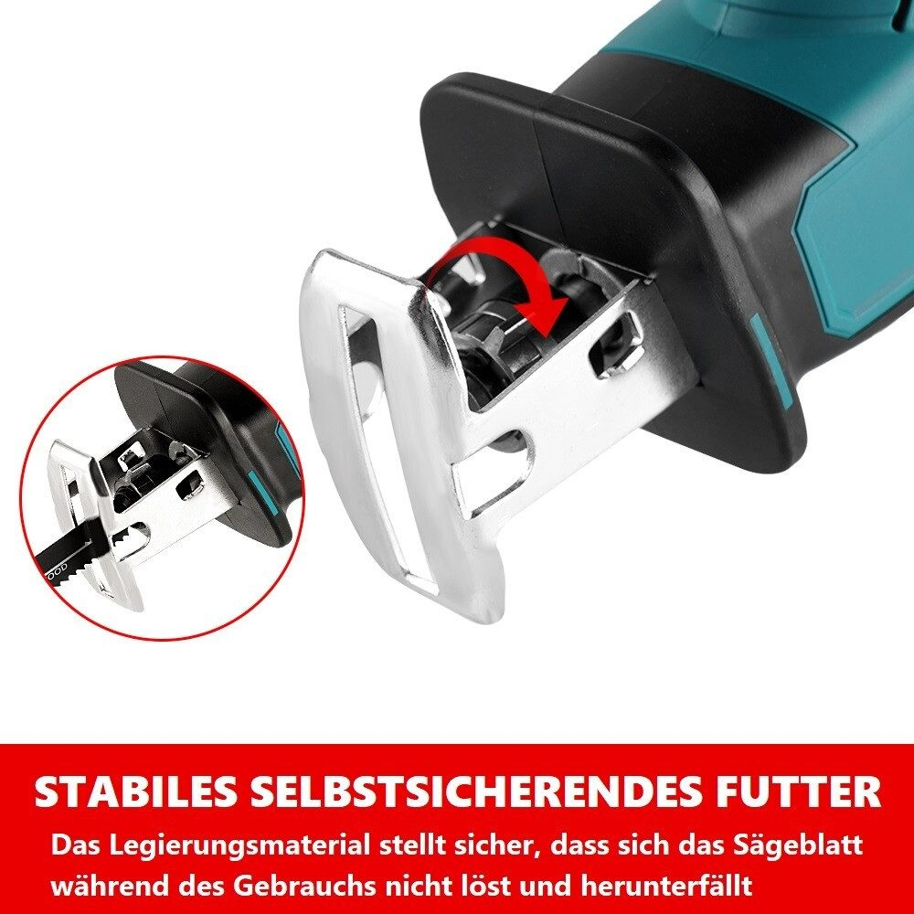 Nahaufnahme des Klingenhalters einer Säbelsäge. Der Halter ist aus Metall mit einem roten Pfeil zur Klinge.