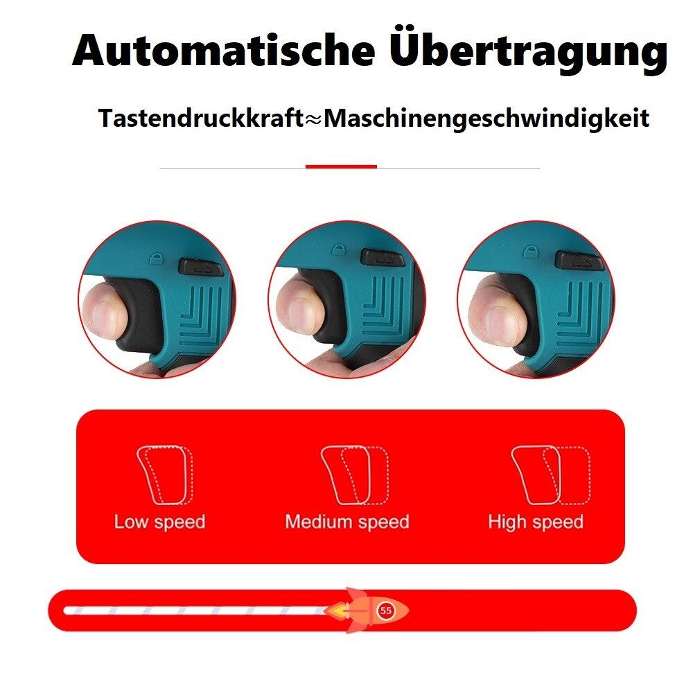 Drei Diagramme, die die Geschwindigkeitseinstellungen eines Elektrowerkzeugs zeigen. Jedes Diagramm hat eine Option.