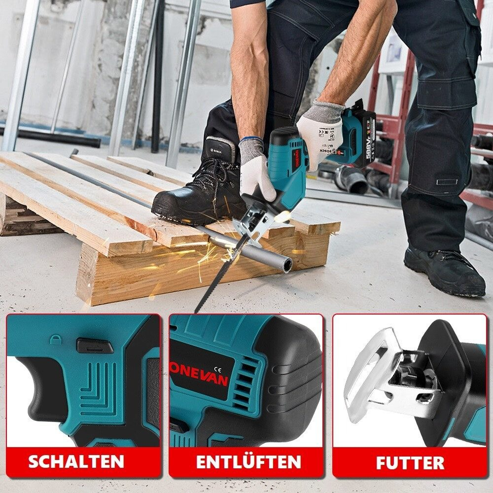 Eine Person benutzt eine türkis-schwarze Säbelsäge. Details der Säge sind im unteren Teil zu sehen.