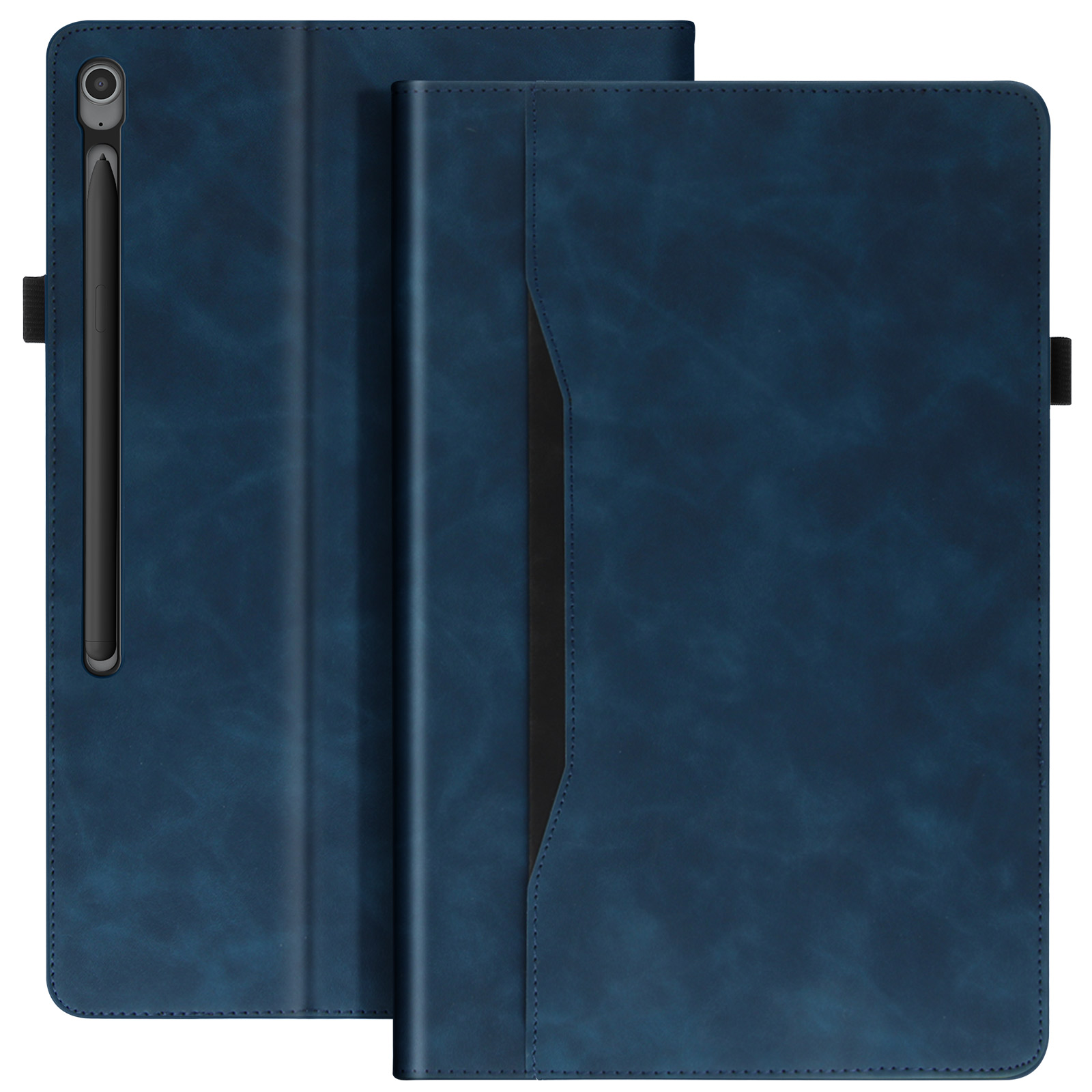 Una custodia per tablet blu con portapenne e penna. La custodia è chiusa e ha una texture in pelle.