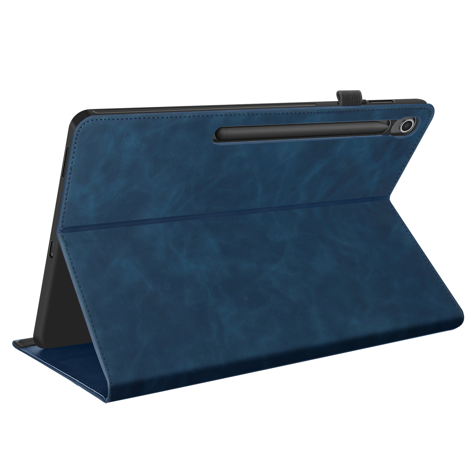 Una custodia per tablet blu con portapenne e penna. La custodia è aperta e ha una texture in pelle.
