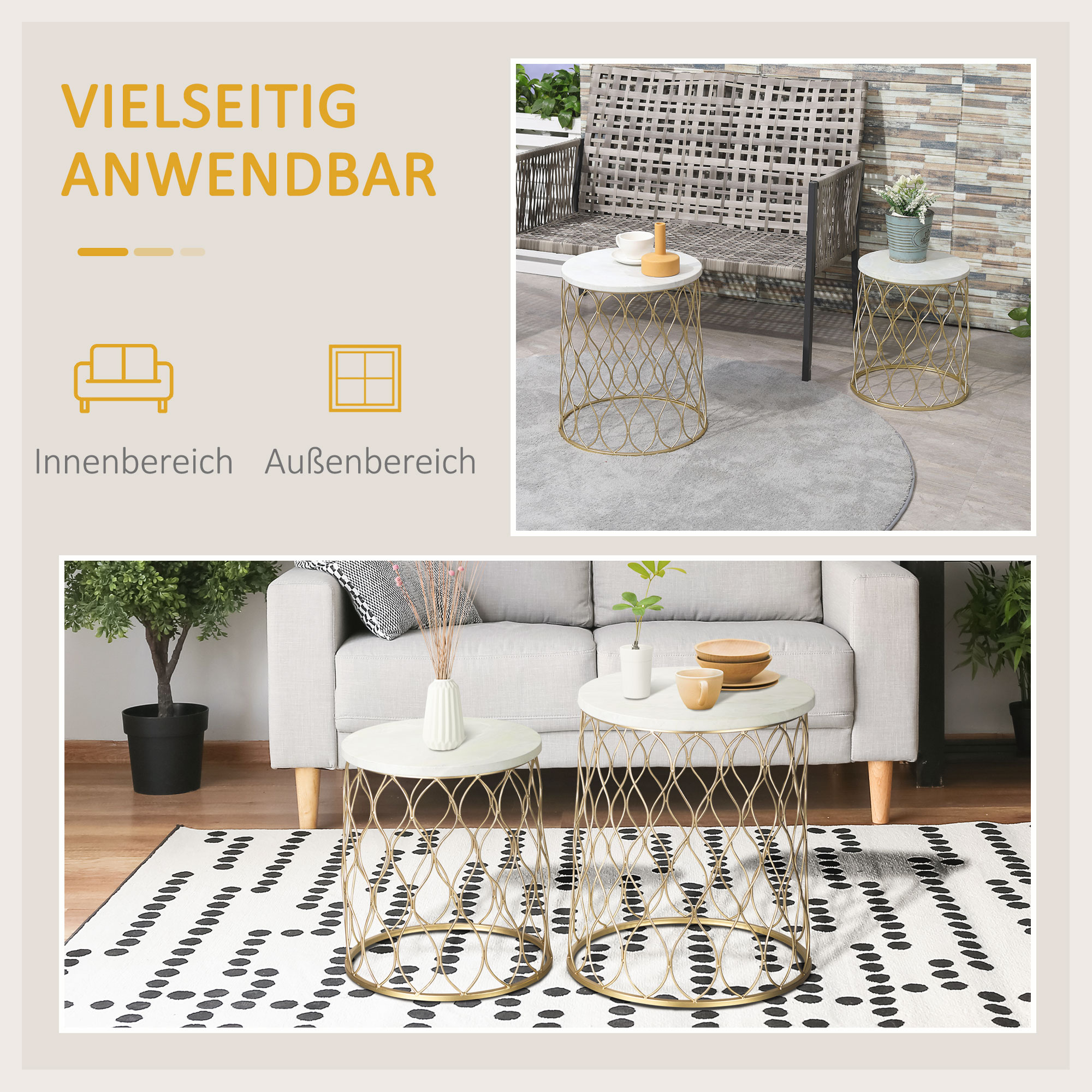 Bild zeigt Tische in zwei verschiedenen Szenen. Tische mit weißen Oberflächen und goldenen Rahmen.