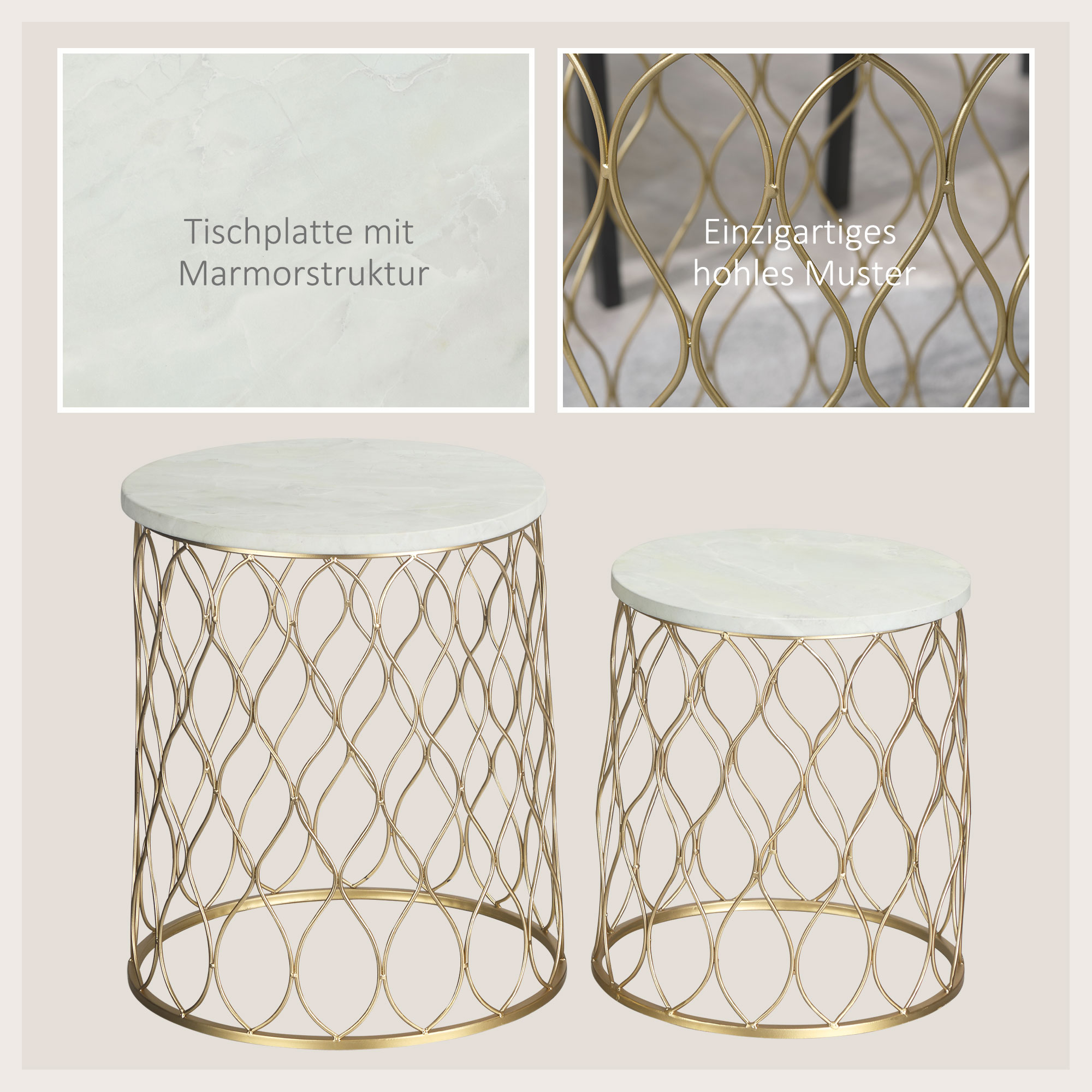 Zwei gold-weiße Beistelltische. Die Tische haben ein goldenes Gestell mit einem einzigartigen Hohlmuster und weiße Marmorplatten.