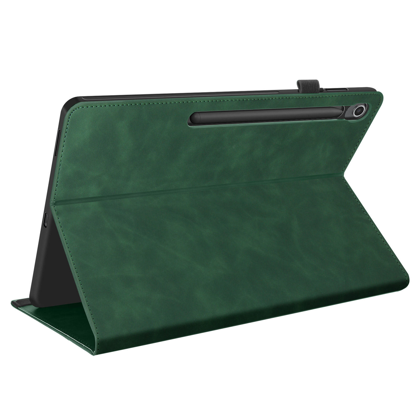 Custodia verde per tablet, aperta. Un tablet nero si trova nel telaio con una penna.