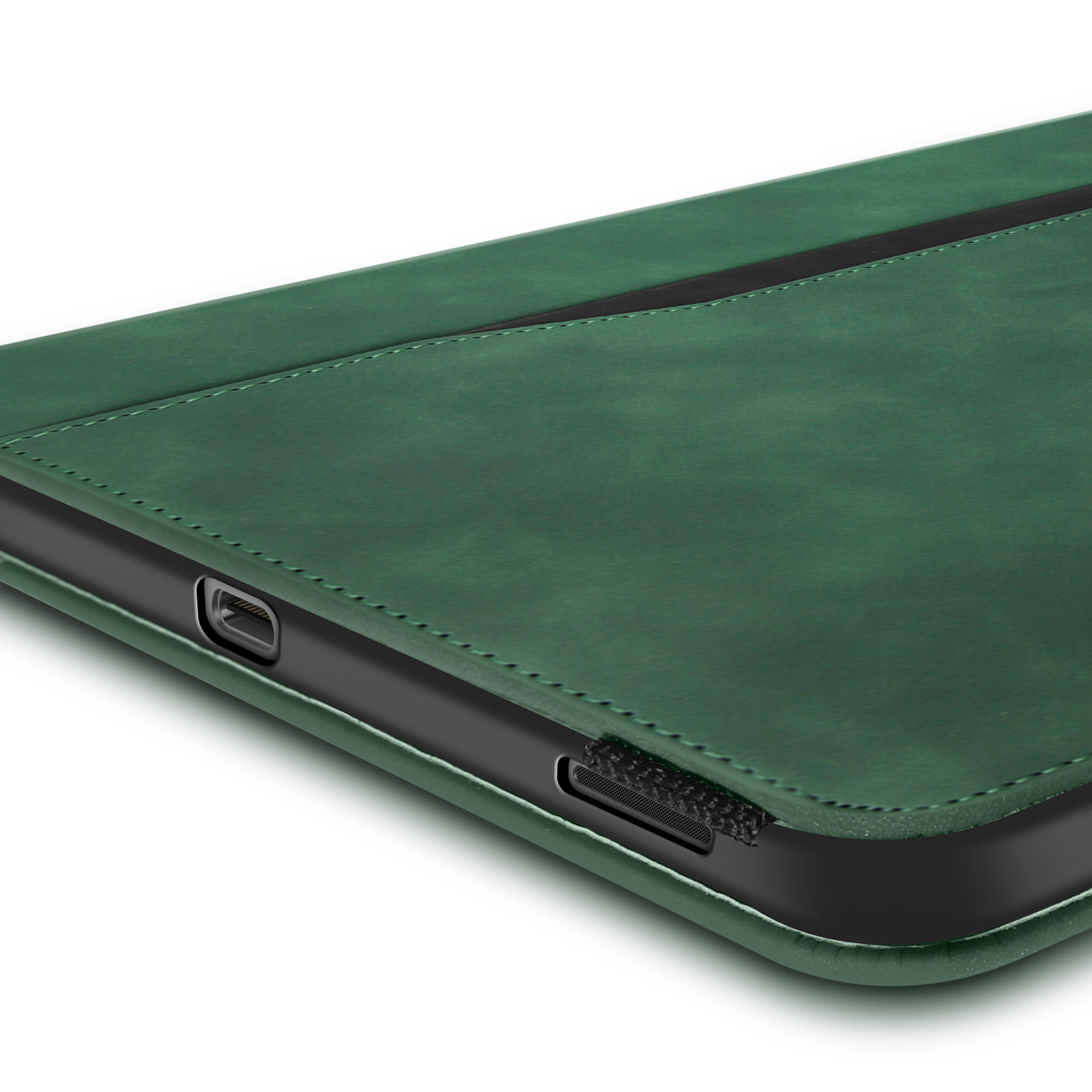 Dettaglio della custodia verde del tablet. Primo piano del bordo, che mostra la porta di ricarica.