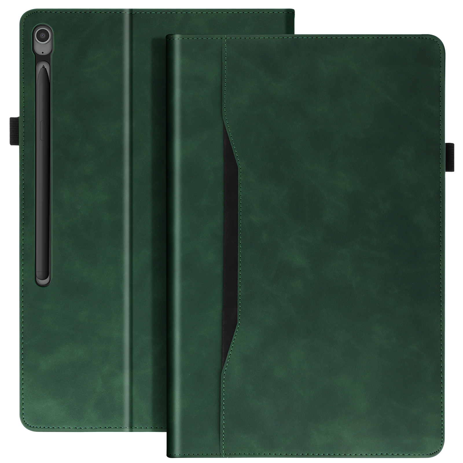 Custodia verde per tablet, aperta. Un tablet nero si trova nel telaio con una penna.