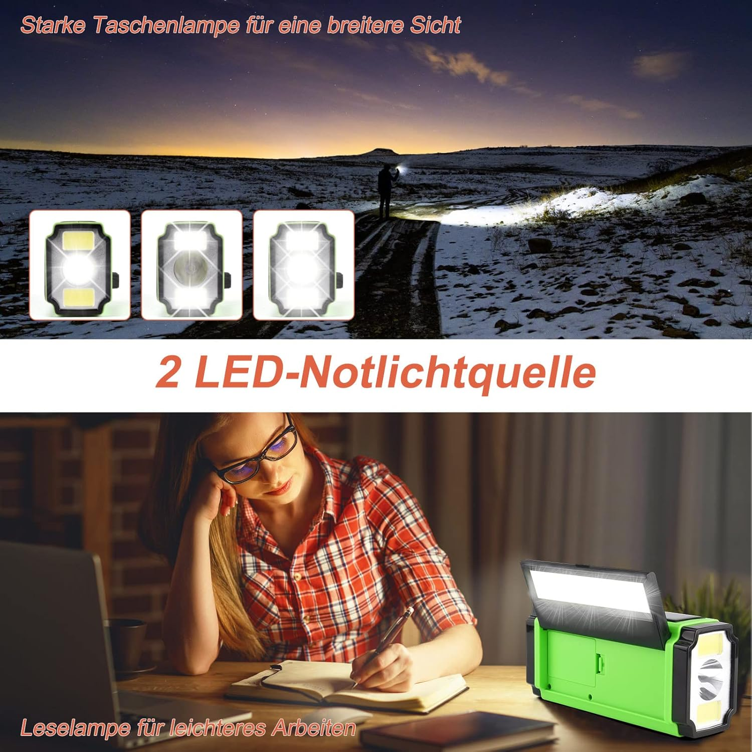 Lesende Frau, beleuchtet von grünem Notlicht, mit Lichtvergleich.