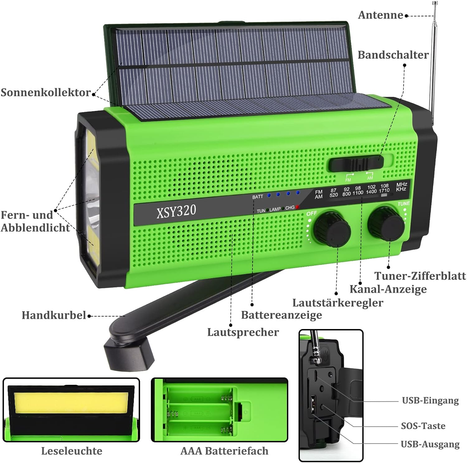 Grünes Notfallradio mit Funktionen: Solarpanel, Antenne, Knöpfe und Lichter.