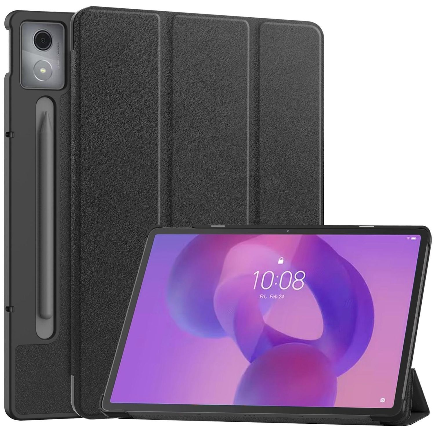 Ein schwarzes Tablet mit einem Bildschirm, der Zeit und Datum anzeigt, und einer schwarzen Hülle mit Stift.
