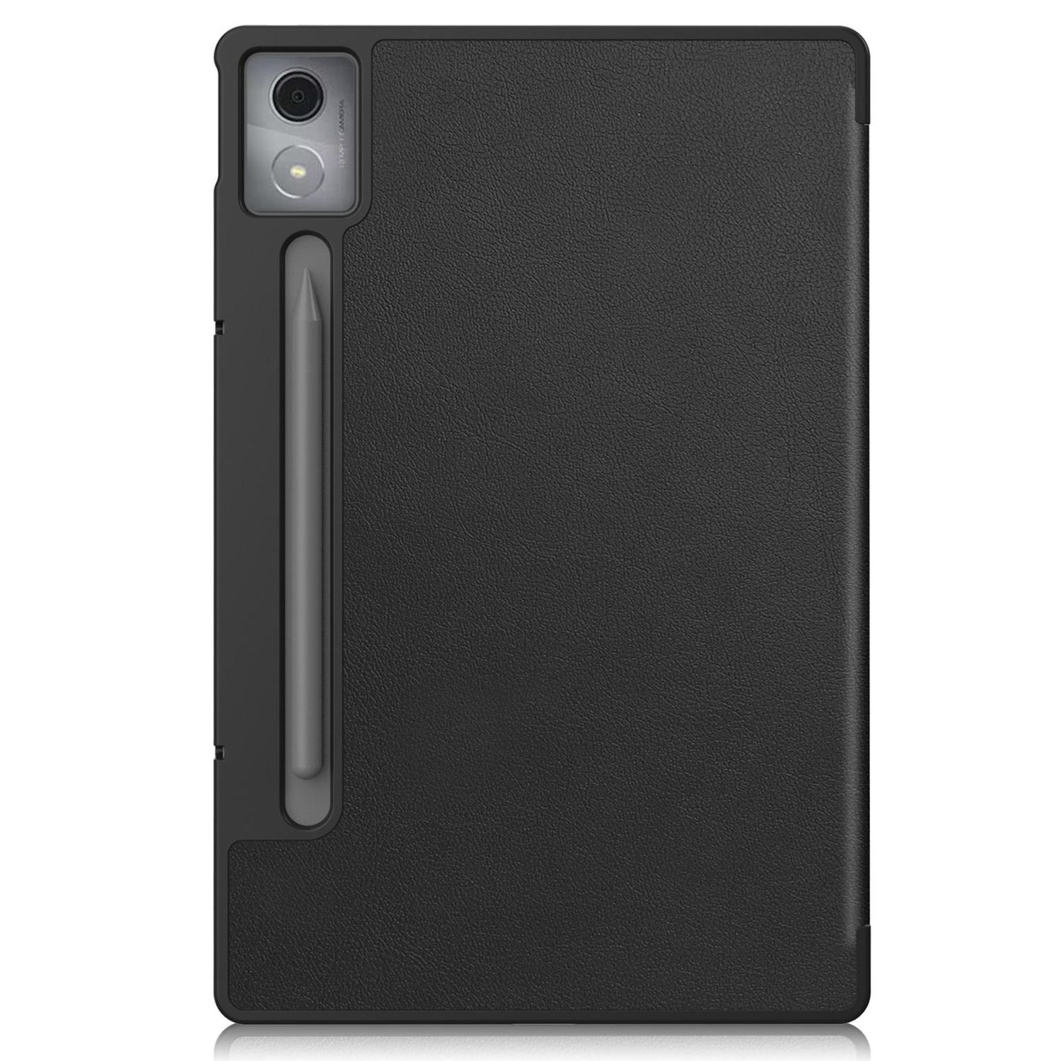 Schwarze Tablethülle mit Stift an der Seite.