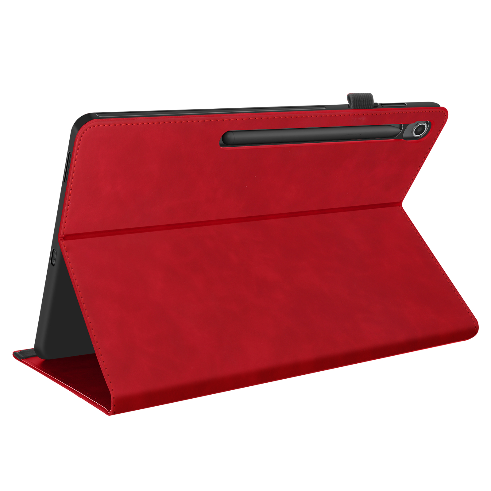 Custodia tablet rossa con tablet nero dentro, porta penna, texture pelle.