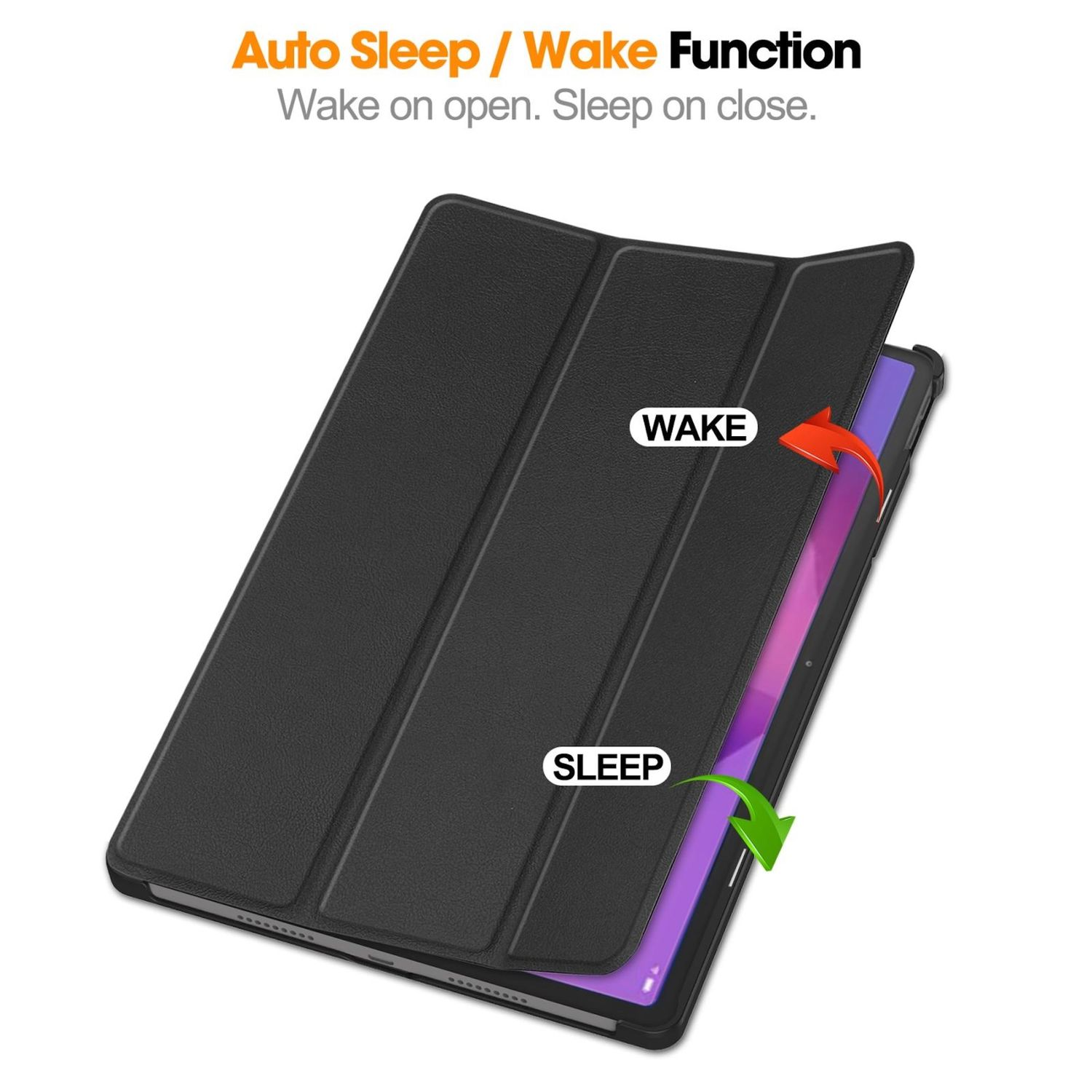 Tablet in schwarzer Hülle, offen, Bildschirm sichtbar, Wake- und Sleep-Funktion.