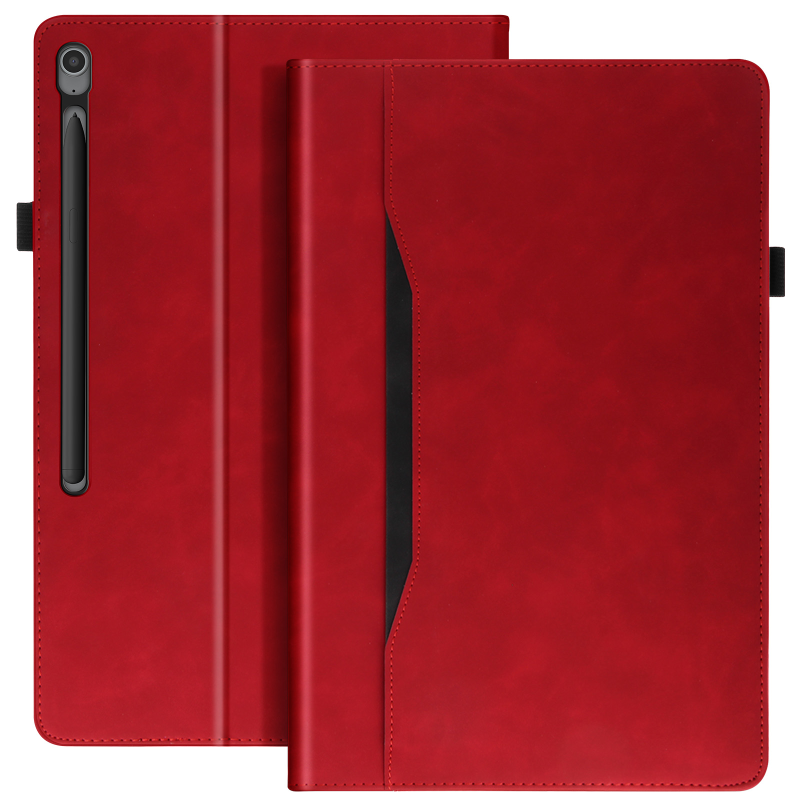 Custodia per tablet rossa con penna, aperta che mostra l'interno.