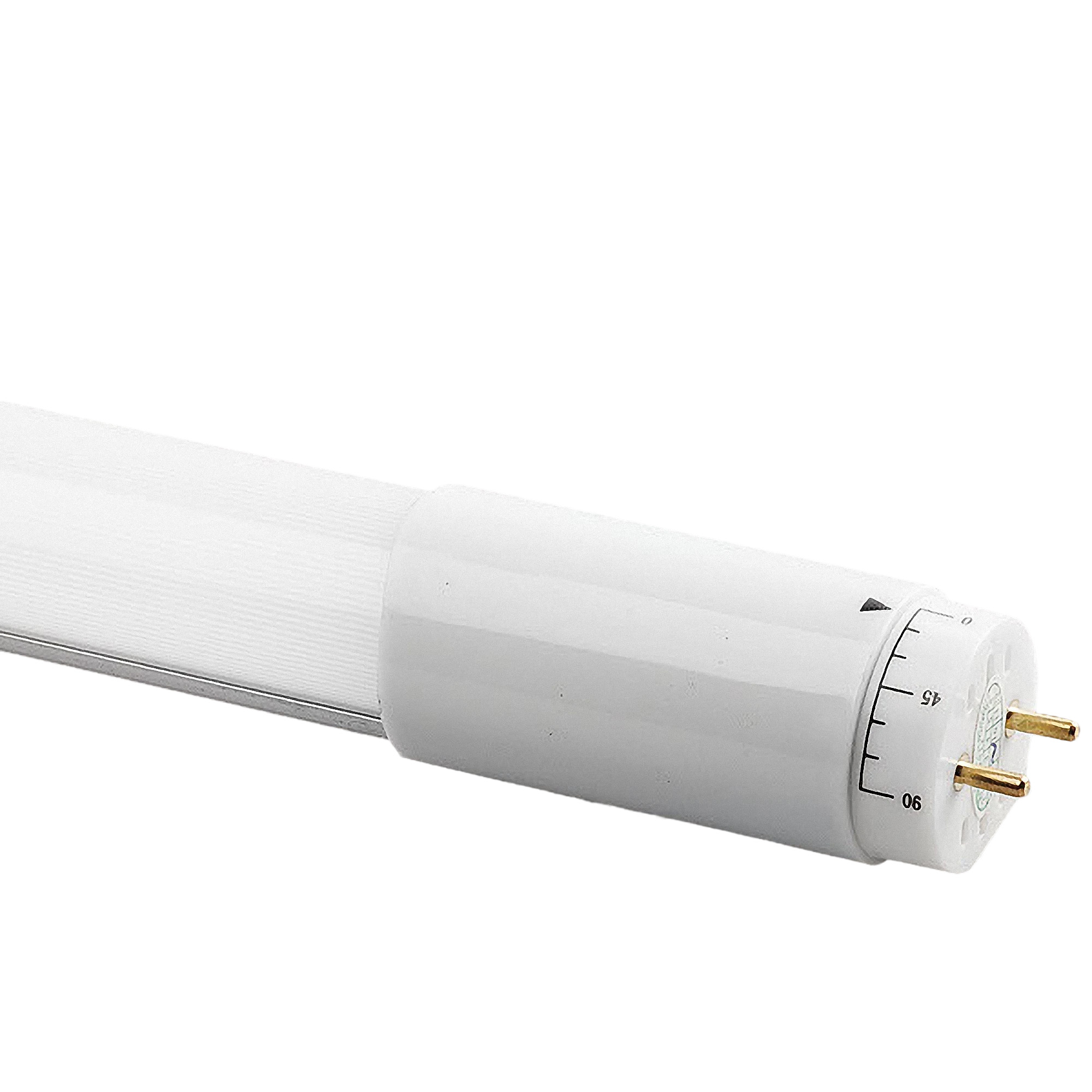 Weiße Leuchtstoffröhre, Ende mit Stecker und Markierungen.