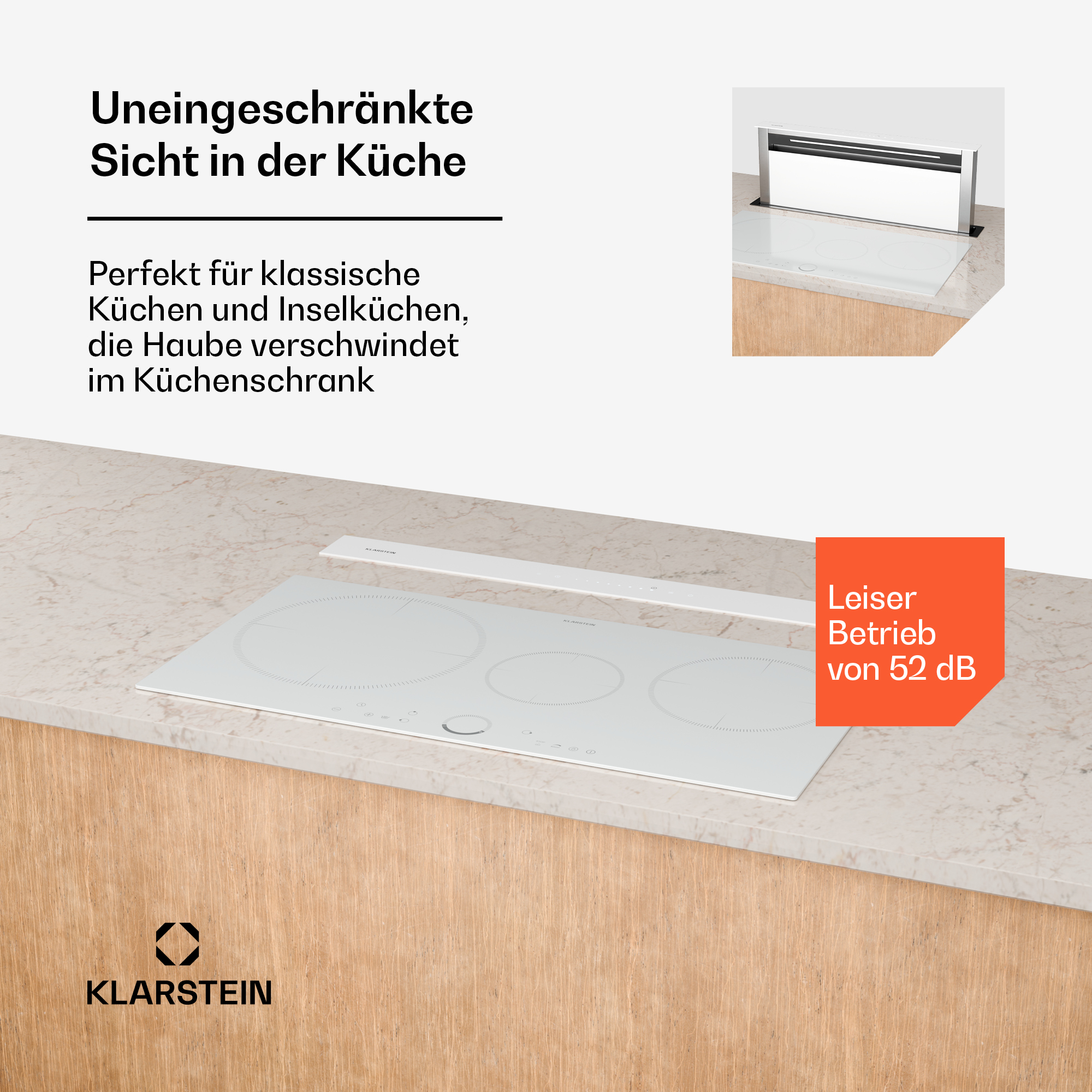 Moderne Küche mit weißem Kochfeld und verstecktem Dunstabzug. Text zum Design.
