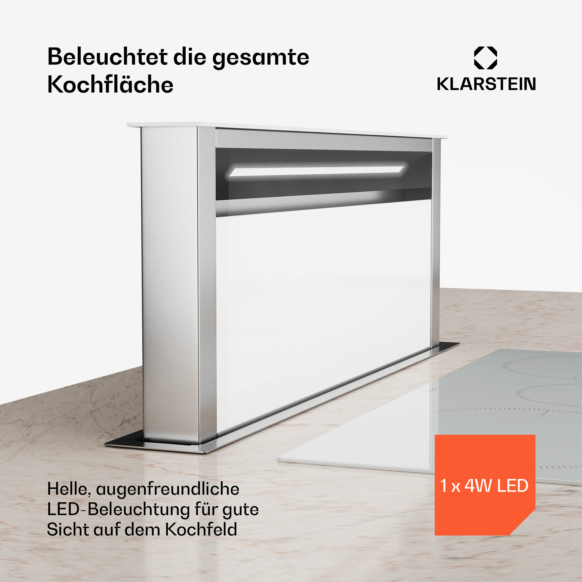 Edelstahl-Dunstabzugshaube über Herd, mit LED-Licht und Produktdetails.