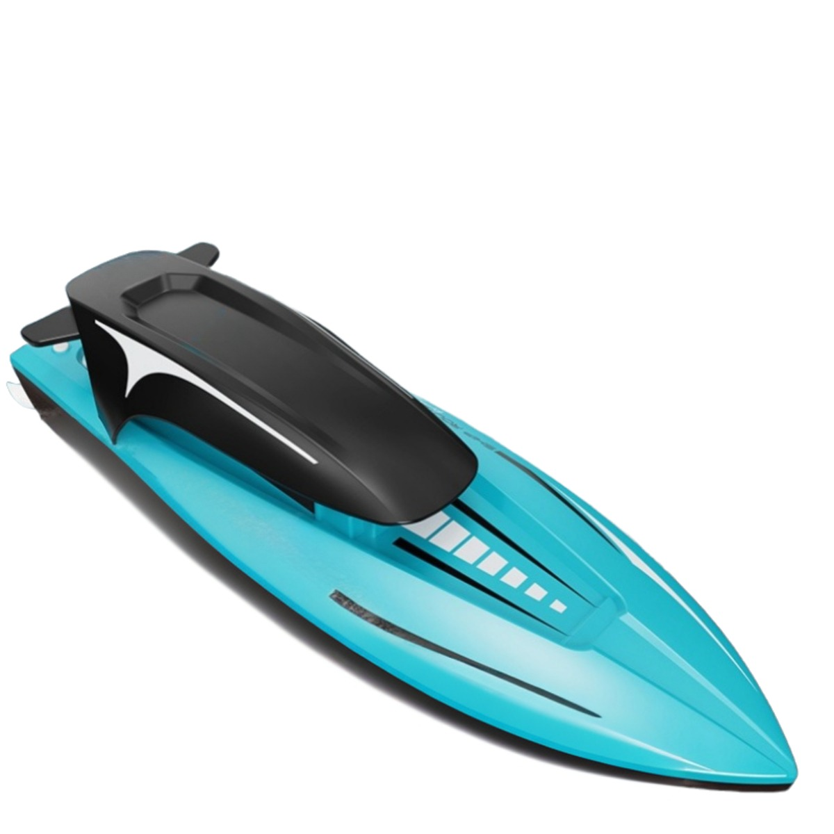 Blaues und schwarzes Spielzeugboot mit weißen Details. Es ist ein Schnellboot-Design auf weißem Hintergrund.