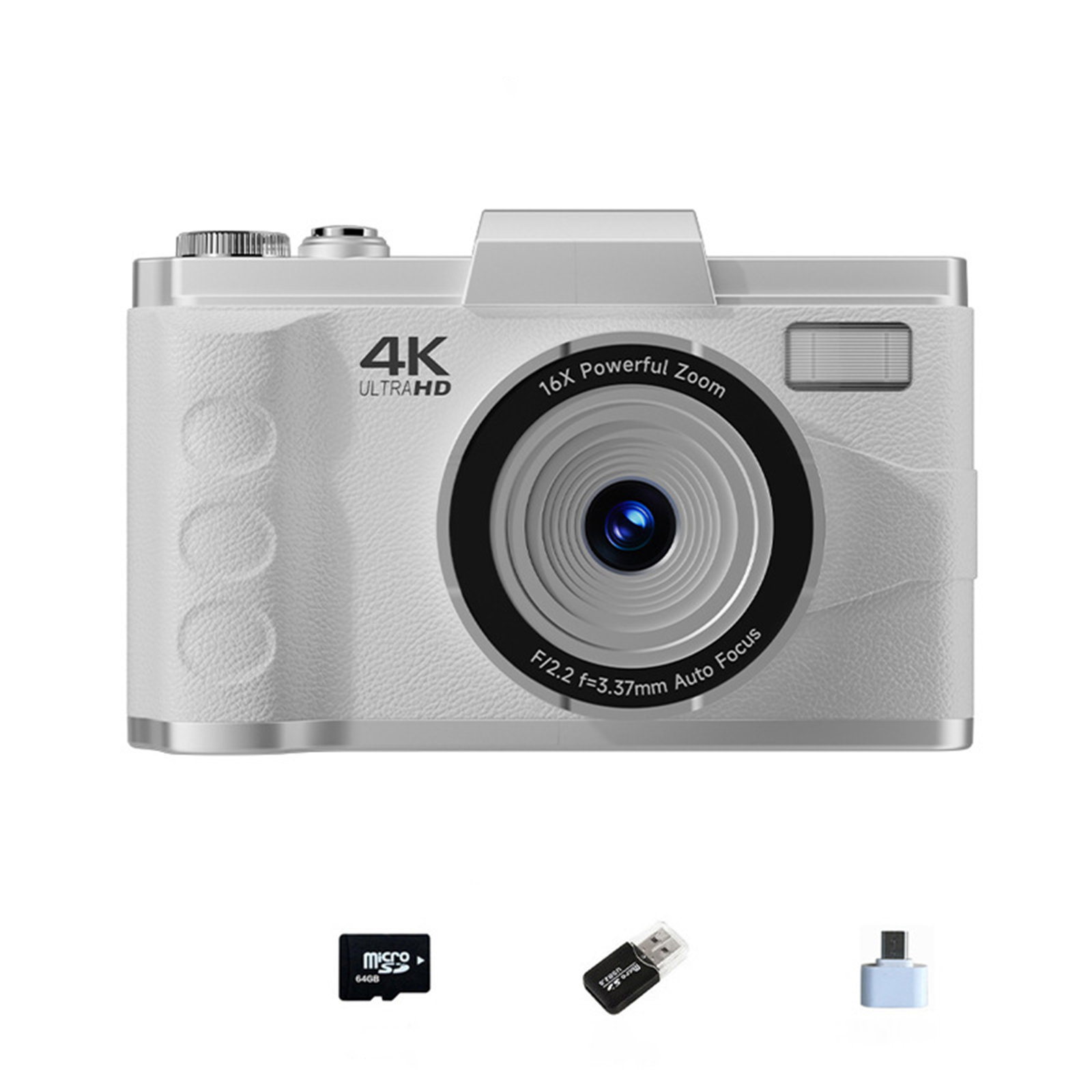 Silberne Digitalkamera, 4K Ultra HD. Sie hat ein Objektiv, Knöpfe und eine Micro-SD-Karte.