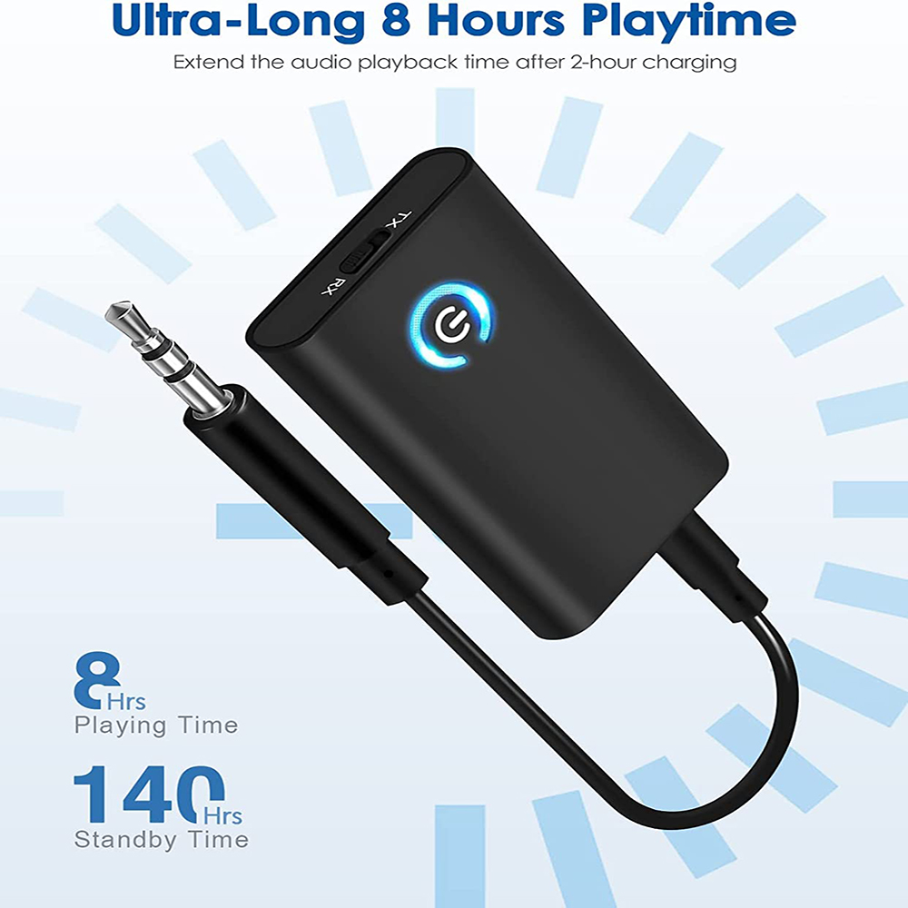 Schwarzes Gerät mit Kabel und 3,5-mm-Klinke. Es hat einen Power-Knopf und LED.