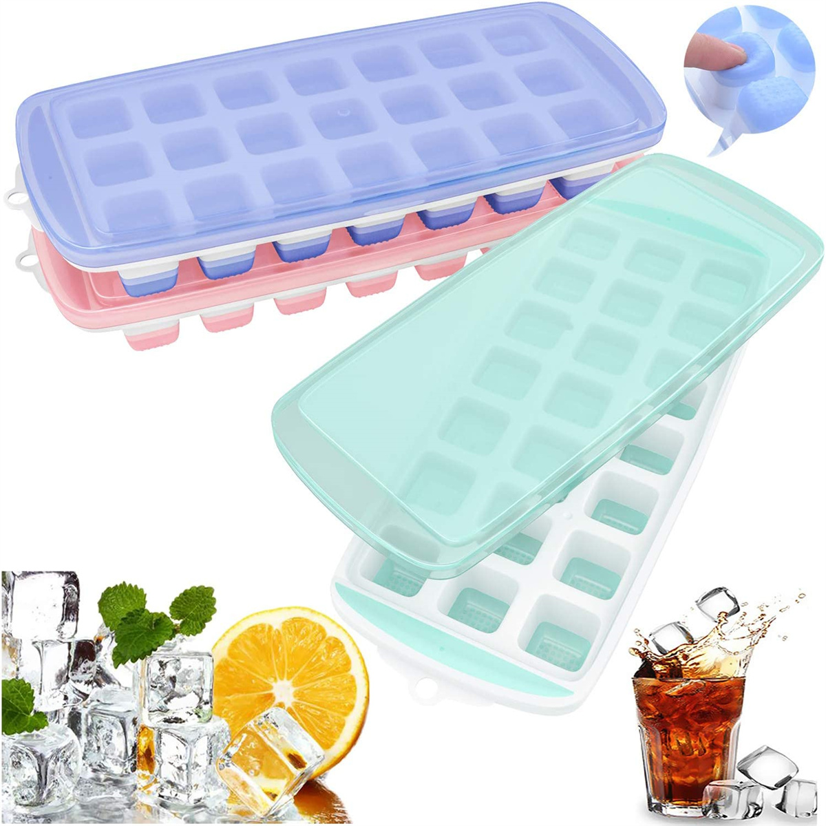 Eine Person hält Eiswürfelbehälter und zeigt einen Stapel von dreien: blau, rosa und grün, gefüllt mit Inhalten.