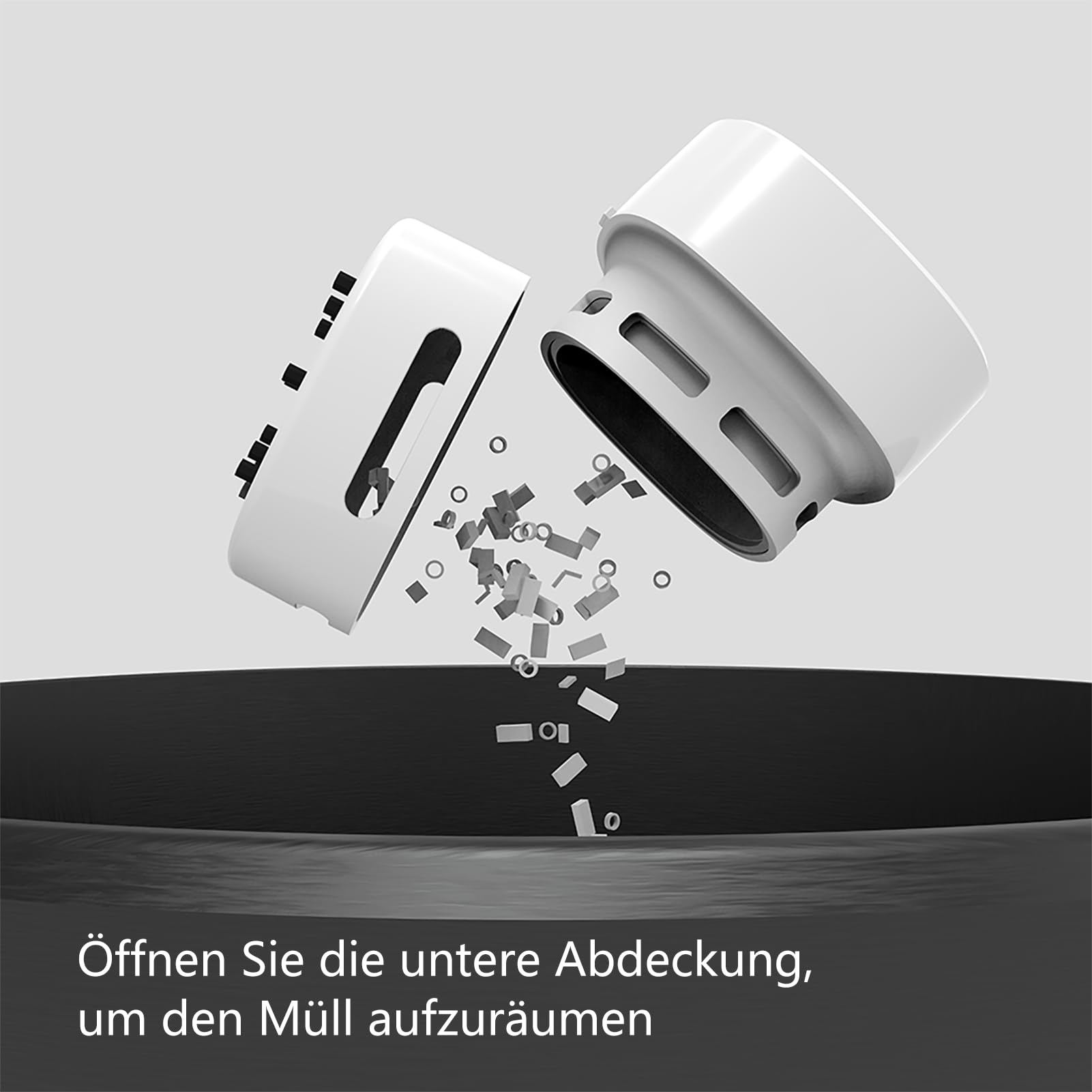 Eine Hand, die den Reiniger hält, mit Beispielen für die Verwendung auf Krümeln und anderen Ablagerungen.