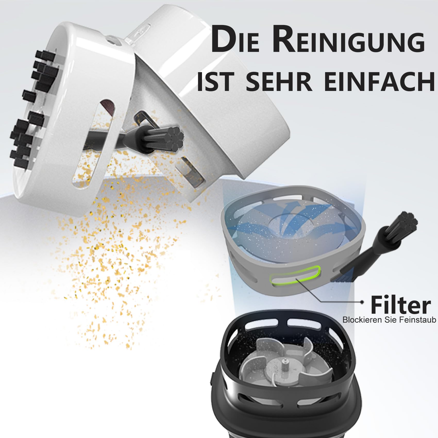 Diagramm eines Desktop-Reinigers, der zerlegt wird, um den Filter zu zeigen.