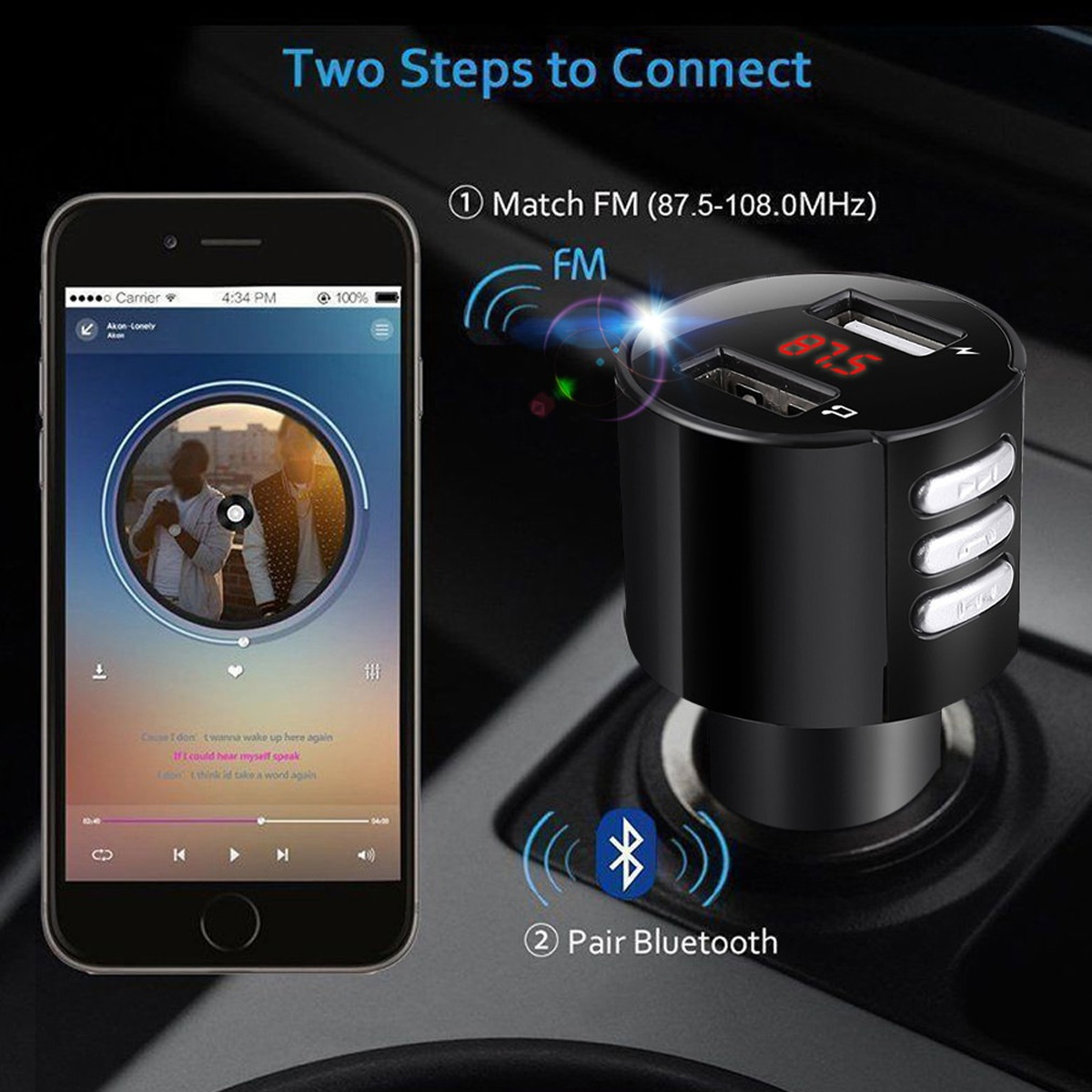 Schwarzer Auto-Adapter mit Telefon, das Musik anzeigt. Er hat zwei USB-Anschlüsse und eine Digitalanzeige.