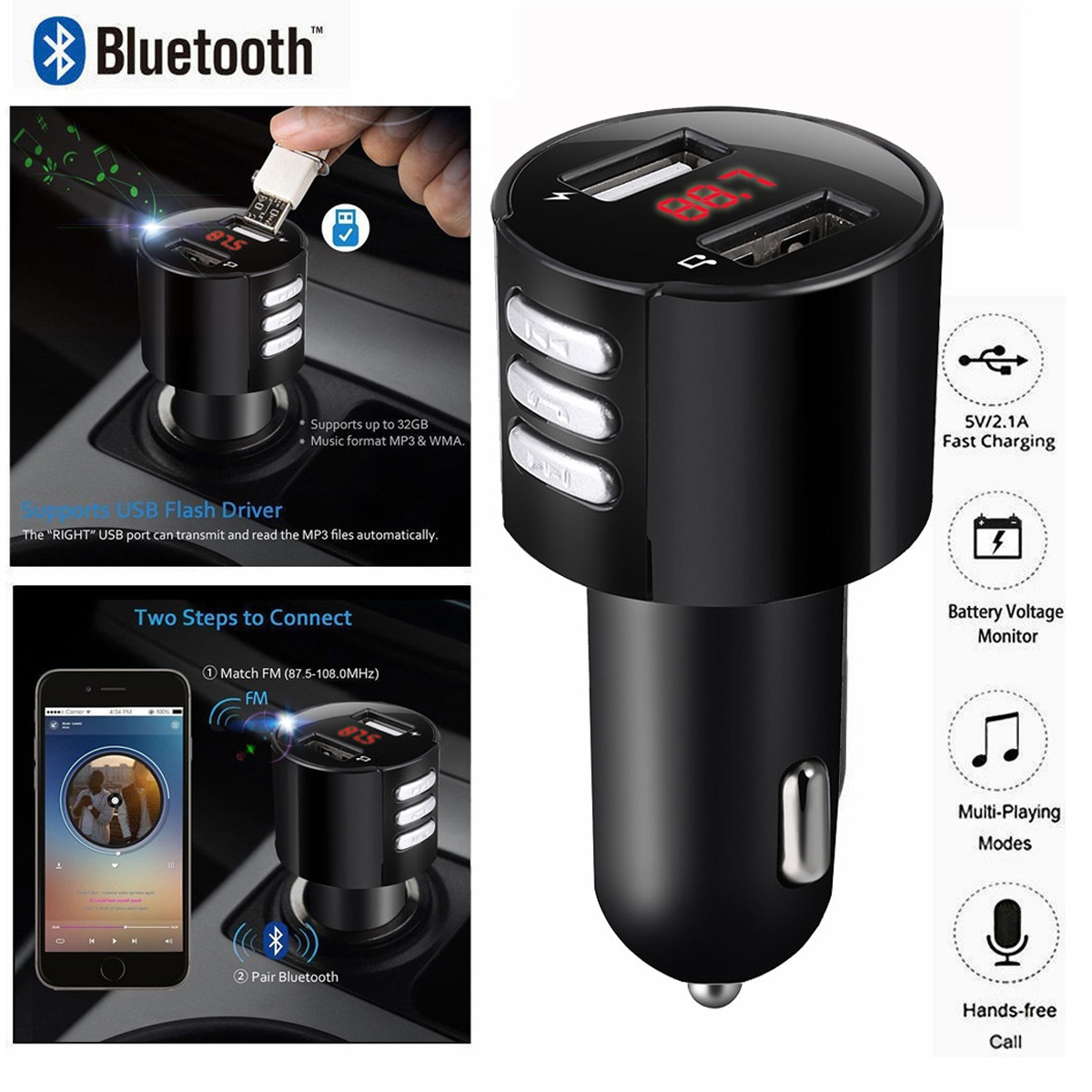 Schwarzes Autoladegerät mit USB-Anschlüssen, Bluetooth und Tasten. Zeigt UKW-Radiofrequenz an.