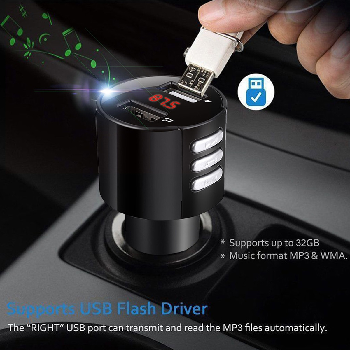 Ein schwarzes Autoladegerät mit USB-Anschluss und Digitalanzeige, die die UKW-Frequenz anzeigt.