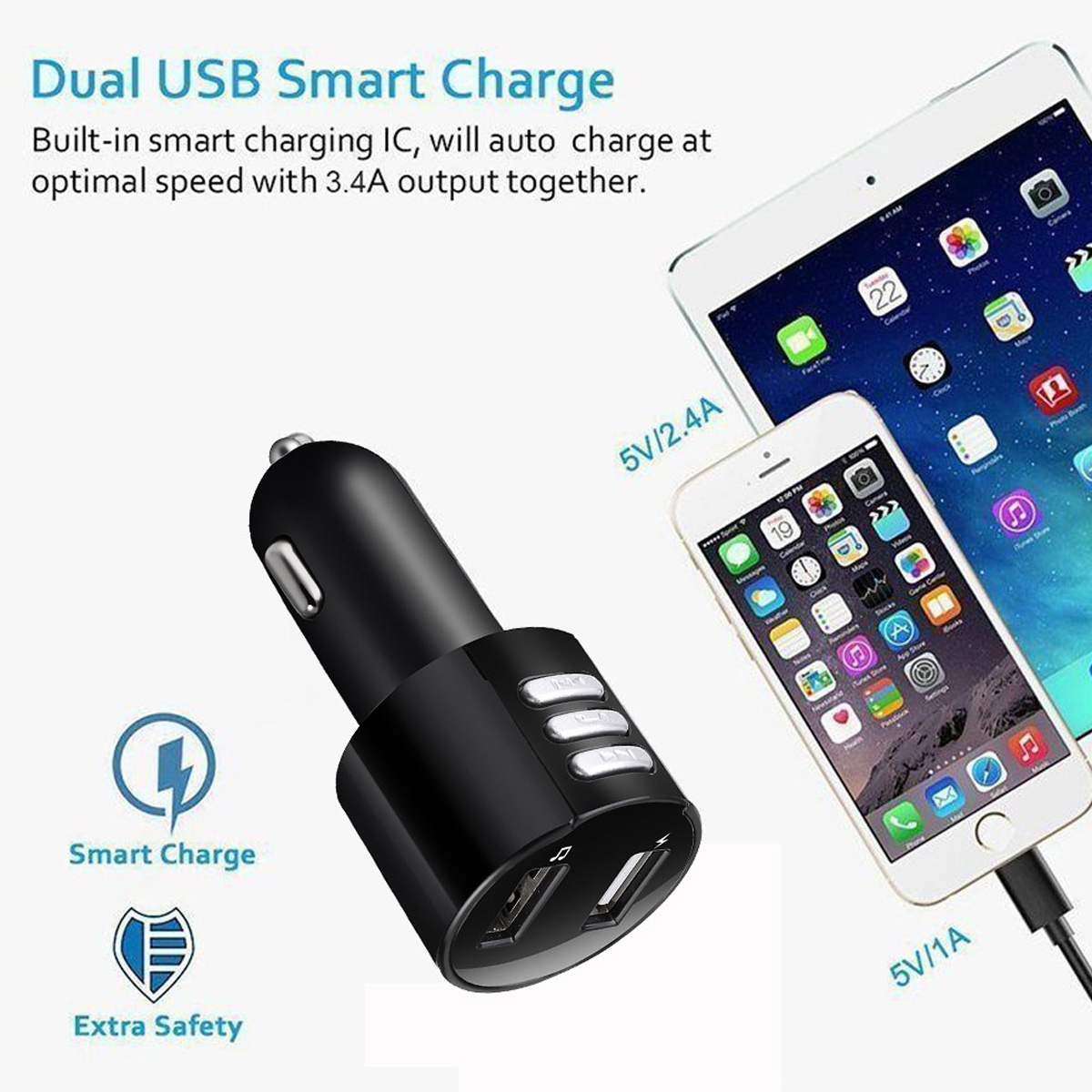 Ein schwarzes Autoladegerät mit USB-Anschlüssen und einem Smartphone und Tablet, die geladen werden. Es hat eine intelligente Ladefunktion.