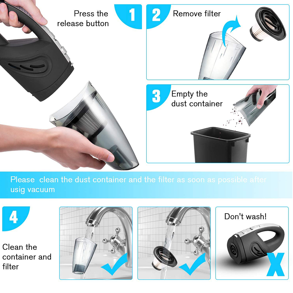 Anleitung zur Reinigung eines Handstaubsaugers: drücken, Filter entfernen, Staub leeren, Filter waschen.