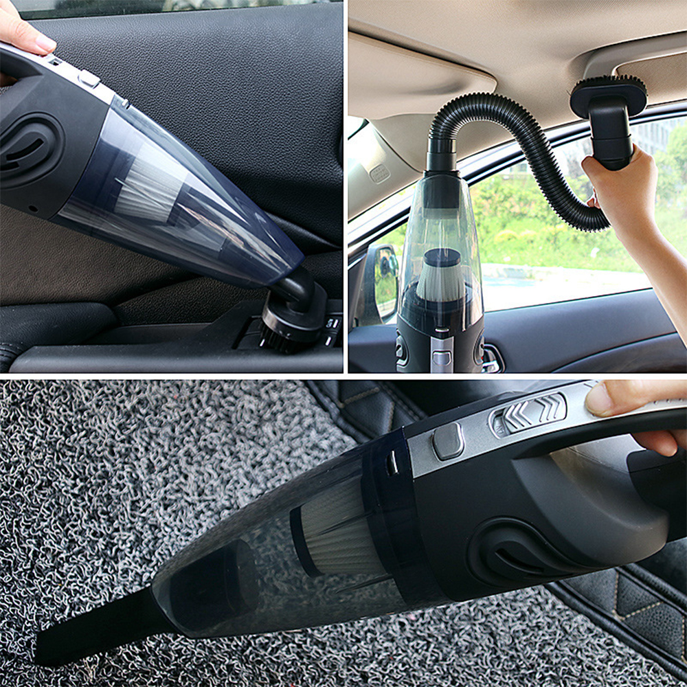 Verschiedene Ansichten eines Handstaubsaugers im Einsatz. Auto und Boden.