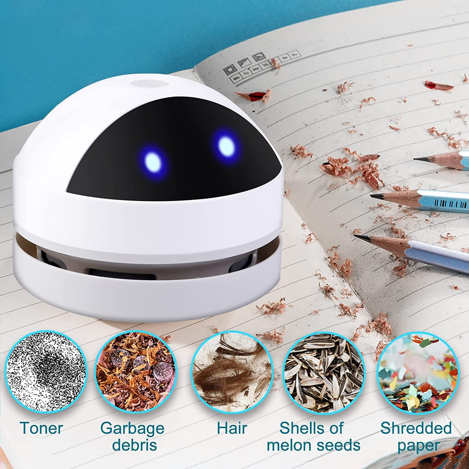 Weißer roboterartiger Staubsauger mit leuchtend blauen Augen, der Schmutz auf einer Oberfläche reinigt.