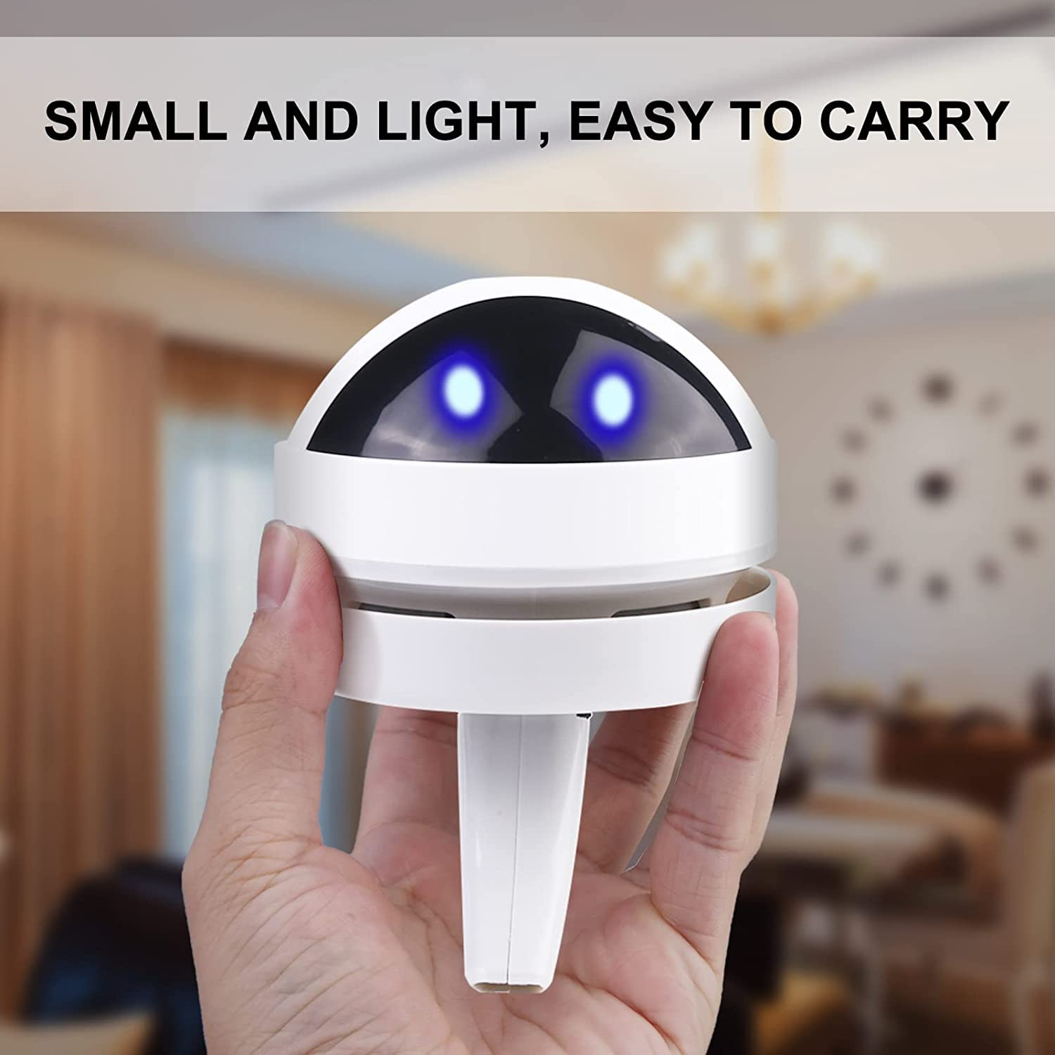 Weißer Roboter-Staubsauger, gehalten von einer Hand. Verschwommener Hintergrund.