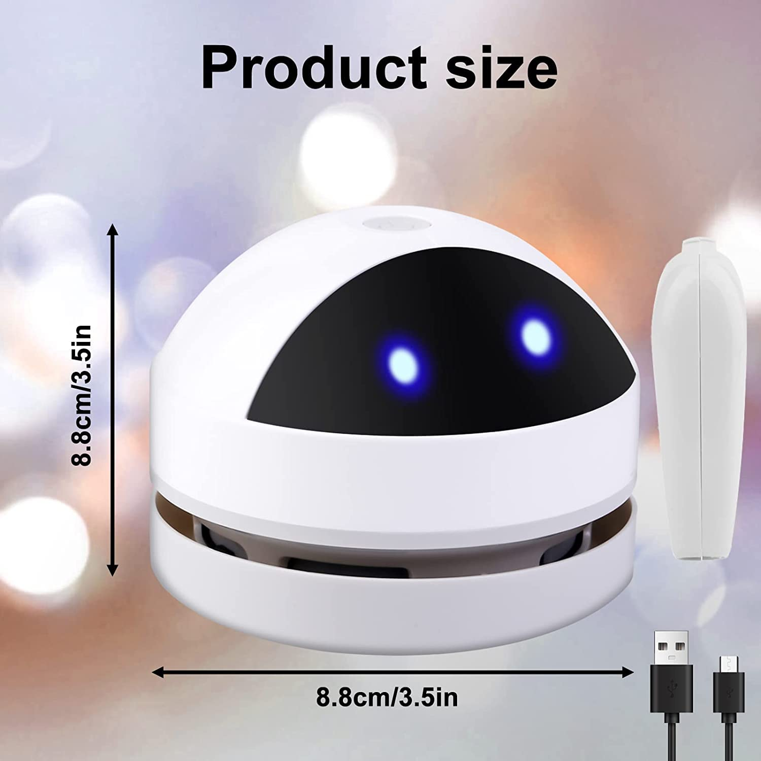 Weißer roboterartiger Staubsauger mit blauen Augen, Produktgröße und einem Ladekabel.