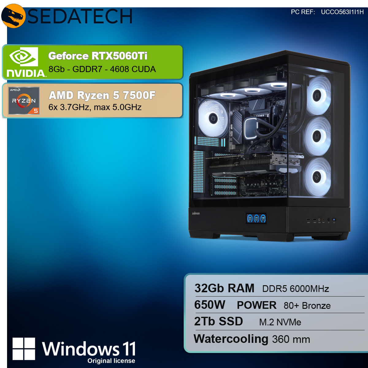 Case PC nero con componenti, specifiche elencate. Illuminazione principalmente bianca e blu.