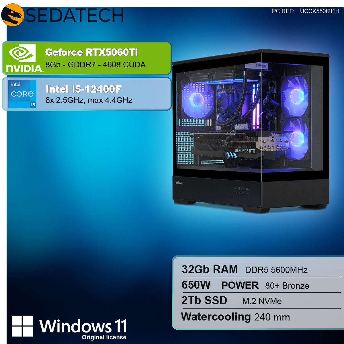 Case PC nero con componenti, specifiche elencate. Illuminazione blu e viola.