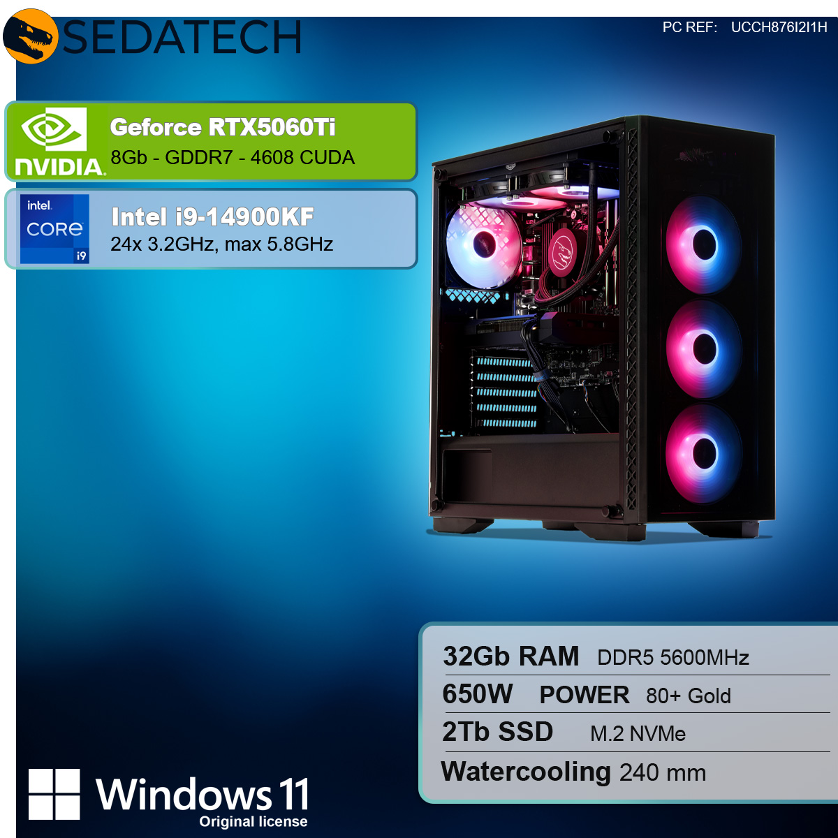 Case PC nero con componenti, specifiche elencate. Illuminazione rosa e bianca.