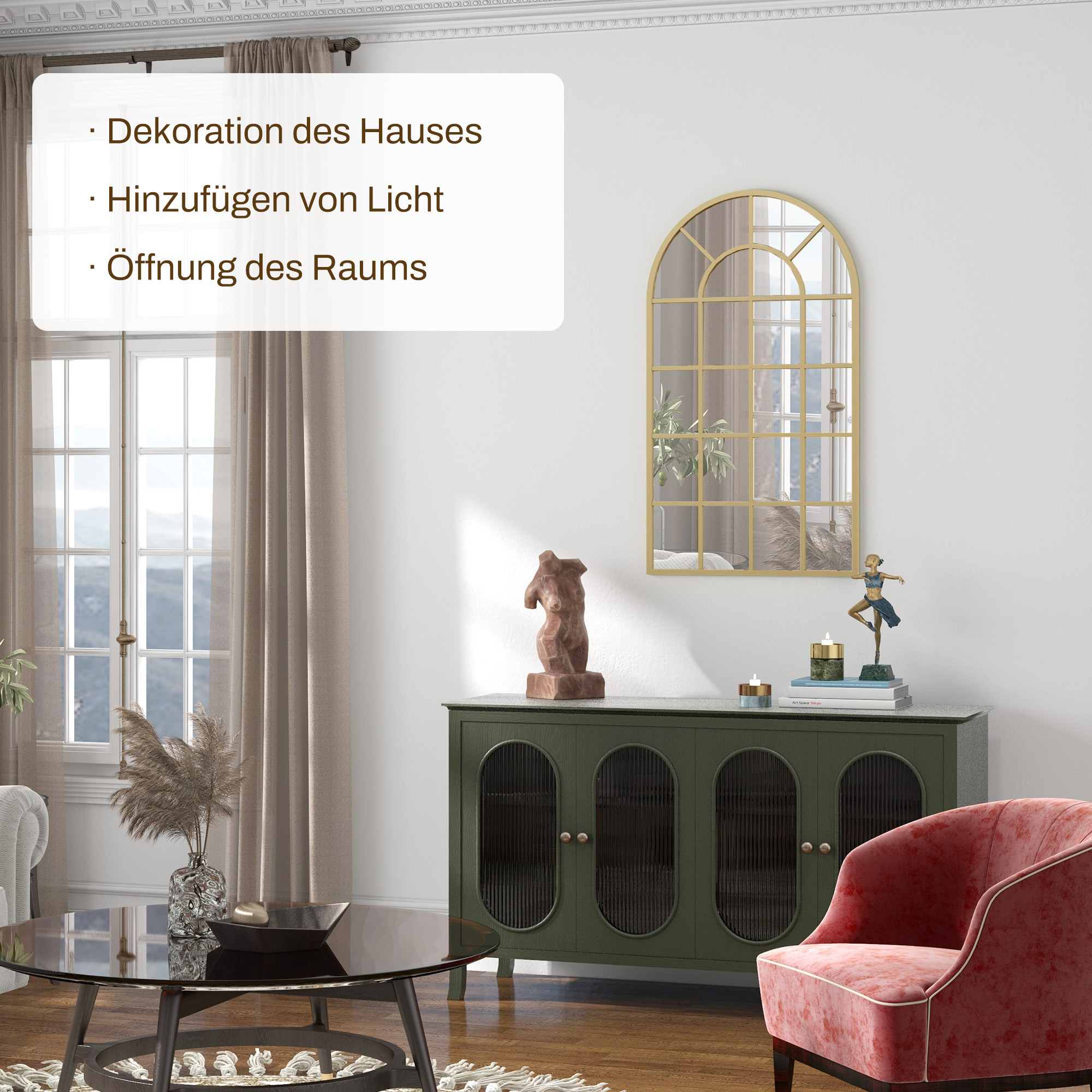 Zimmer mit goldgerahmtem, bogenförmigem Spiegel, grünem Schrank, rosa Stuhl und schwarzem Couchtisch.