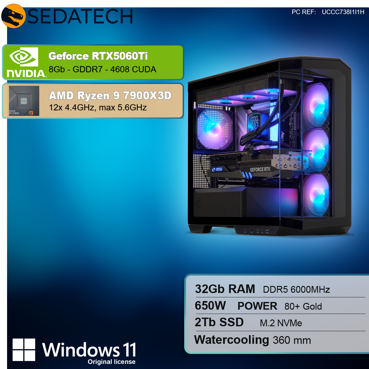 Computer con lato in vetro. GeForce RTX5060Ti, AMD Ryzen 9 7900X3D, 32 GB RAM, 2 TB SSD. Raffreddamento a liquido 360mm.