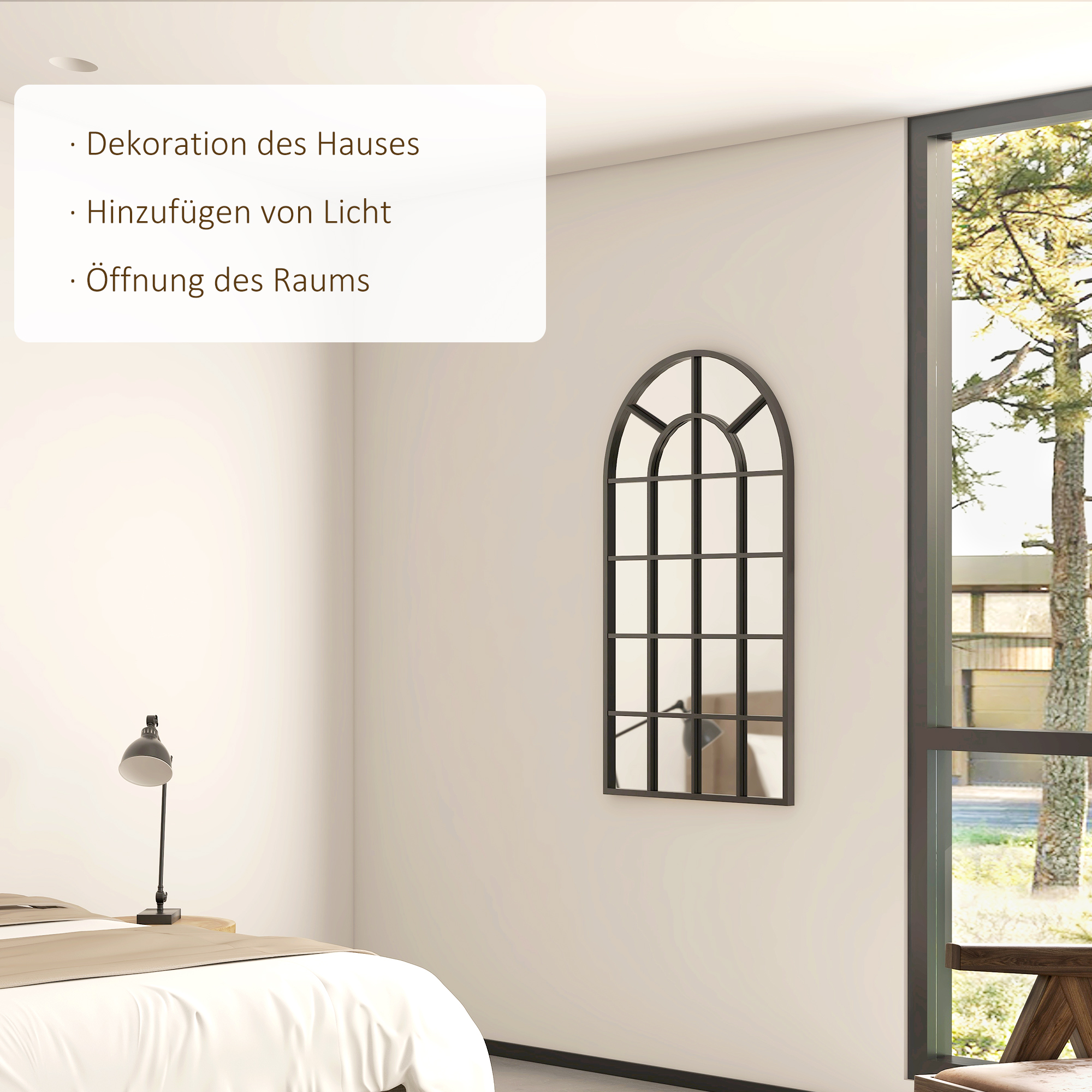 Schwarz gerahmter bogenförmiger Spiegel an weißer Wand. Text sagt: Dekoration, Licht und Raumeröffnung. Bett und Lampe sind sichtbar.