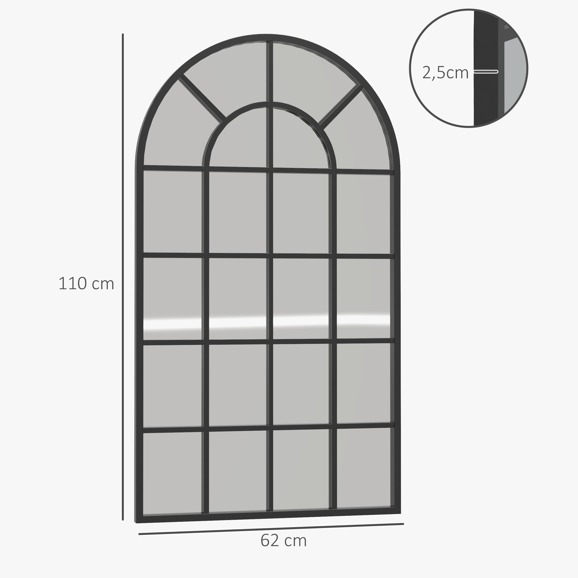 Schwarz gerahmter bogenförmiger Spiegel. Abmessungen: 110 cm hoch, 62 cm breit. Nahaufnahme zeigt die Dicke von 2,5 cm.