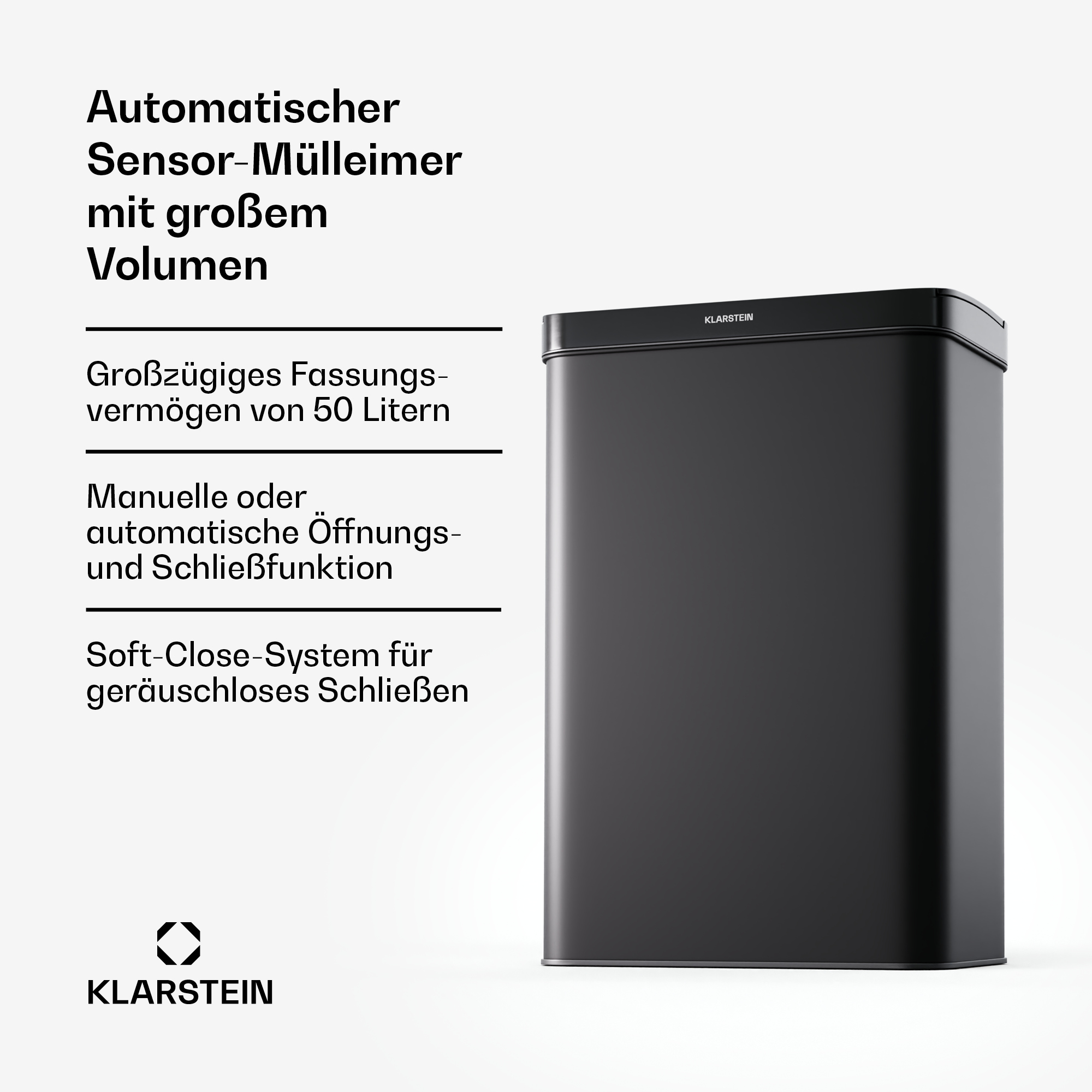 Pattumiera rettangolare nera con testo. Grande volume, apertura automatica.