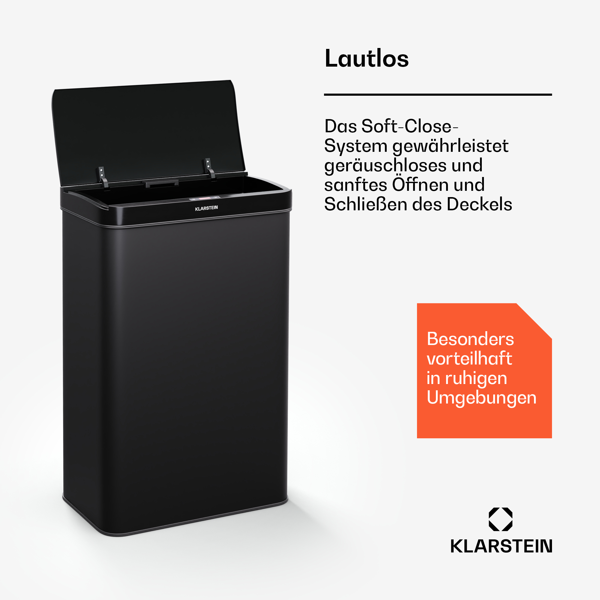 Pattumiera nera con coperchio aperto. Testo: Sistema di chiusura soft. Logo Klarstein.
