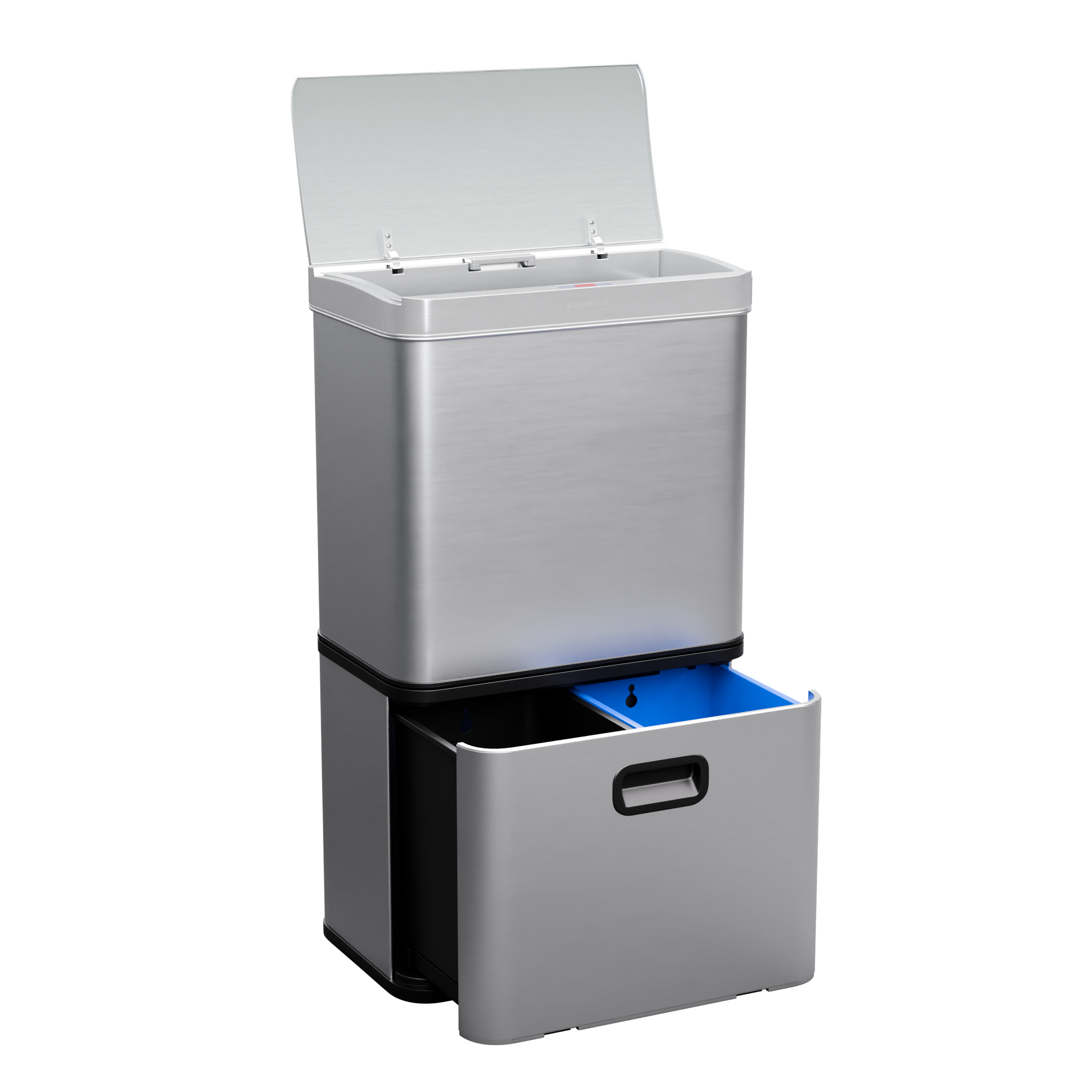 Silber- und schwarzer Mülleimer mit Schublade. Offener Deckel, blaue Tonne sichtbar.